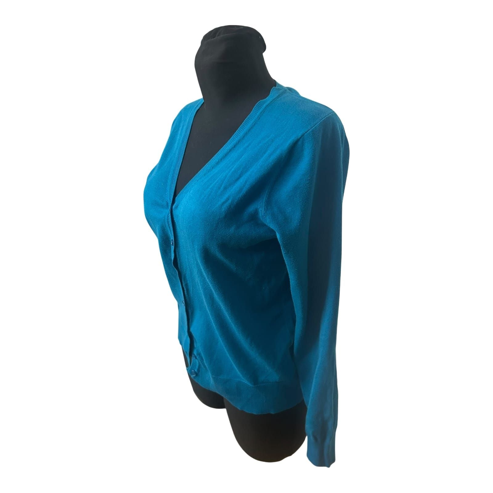 WE Damen Strickjacke Gr M Türkis Blau V-Ausschnitt Baumwollmix Langarm