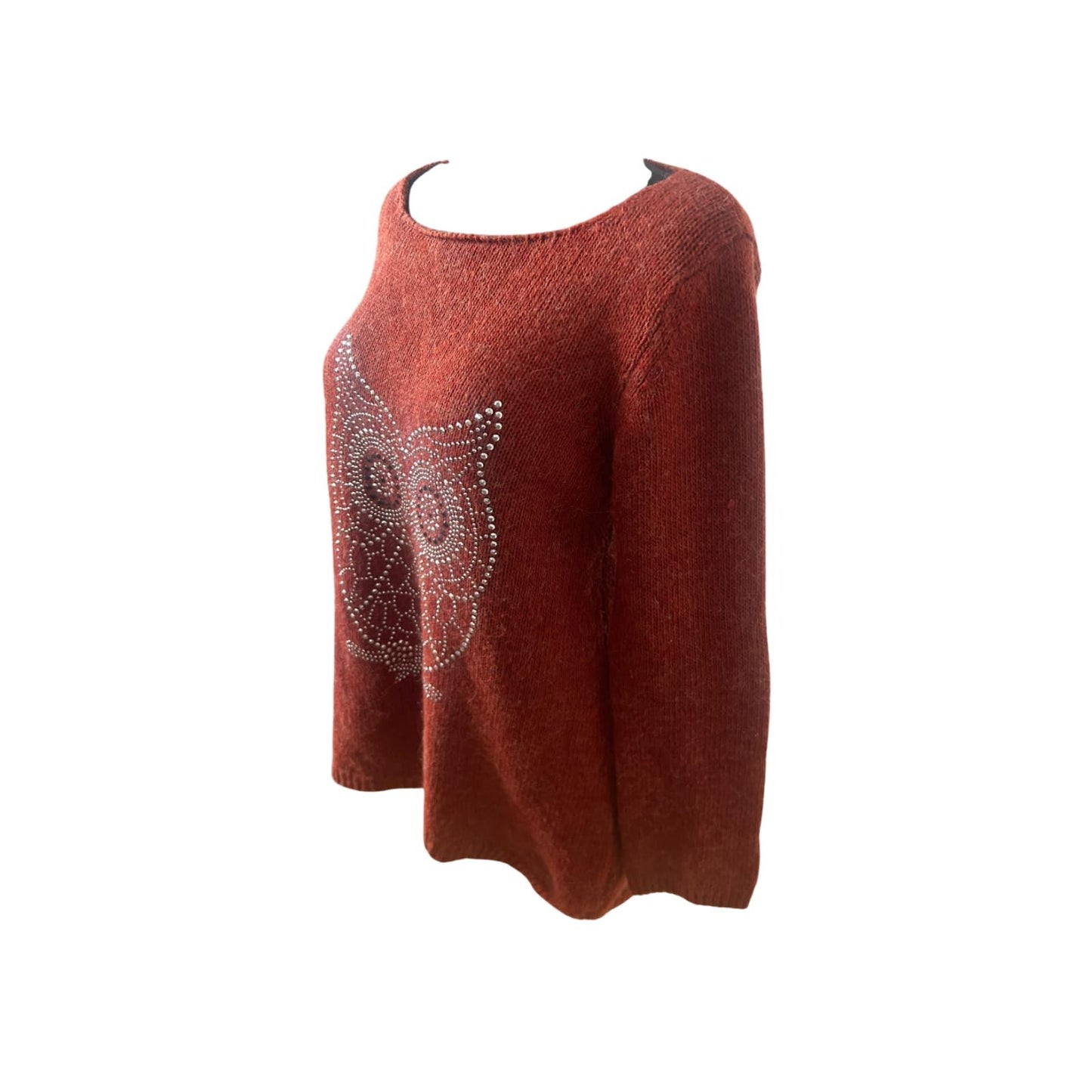 Damen Strickpullover Gr M Orangerot Eule Metallapplikation Made in Italy Wollmix
