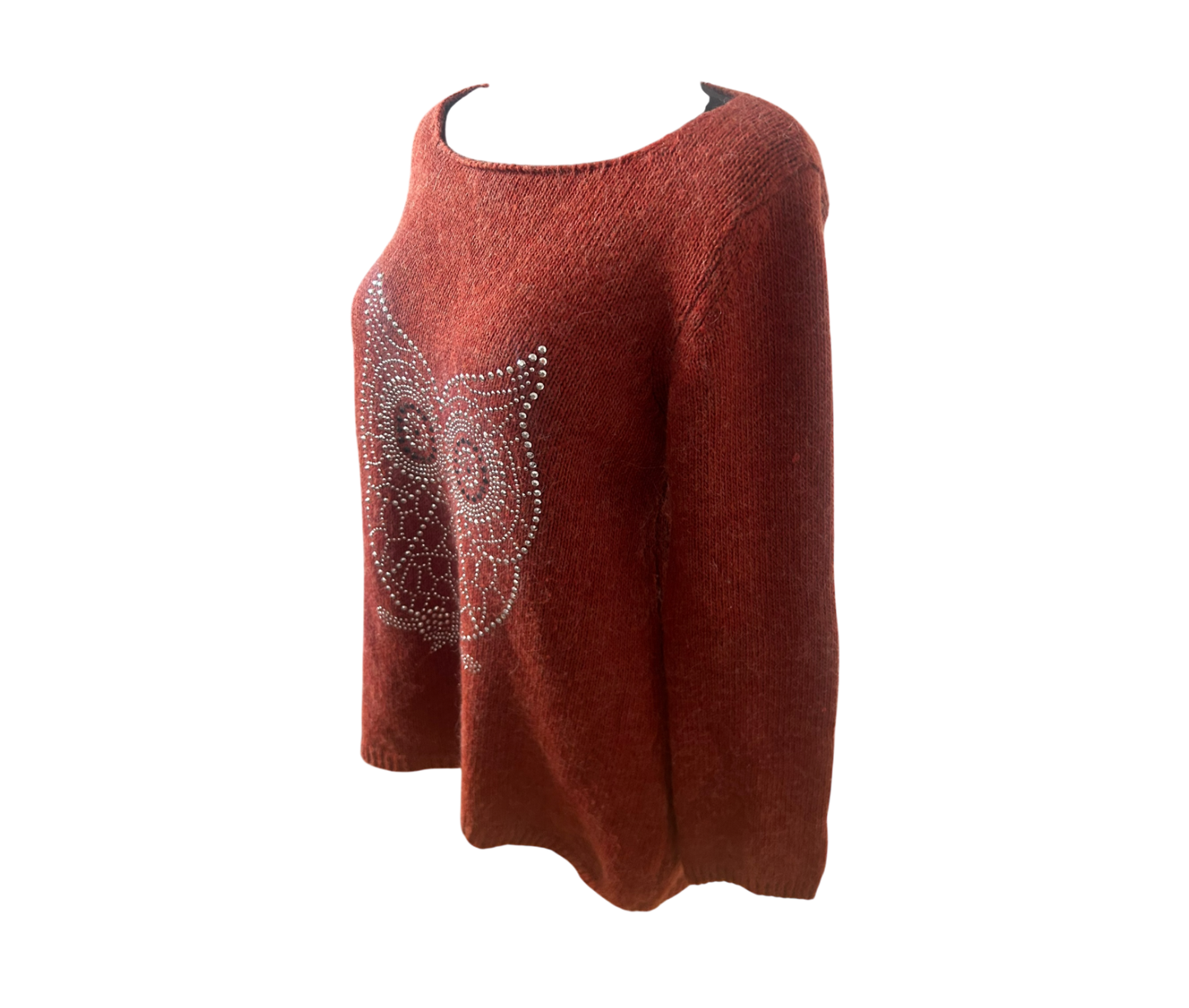 Damen Strickpullover Gr M Orangerot Eule Metallapplikation Made in Italy Wollmix