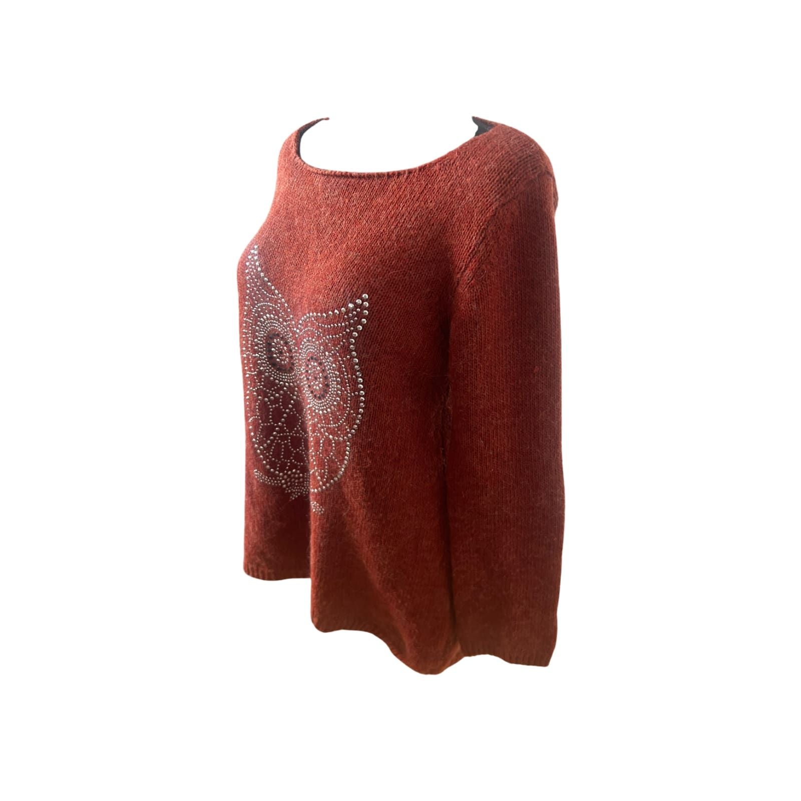 Damen Strickpullover Gr M Orangerot Eule Metallapplikation Made in Italy Wollmix