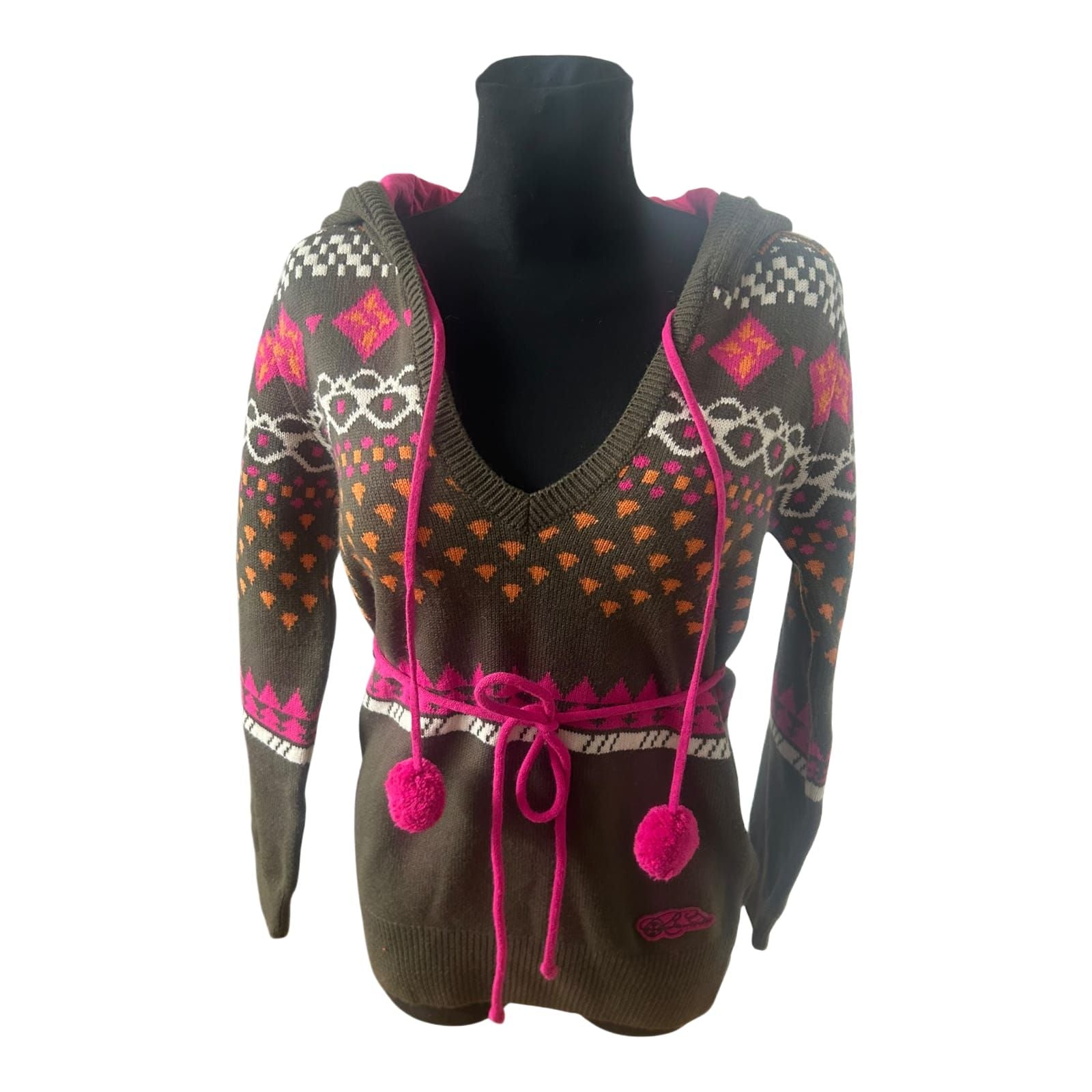 Damen Strickpullover Gr M Khaki Pink Muster Kapuze Bindegürtel Stretch