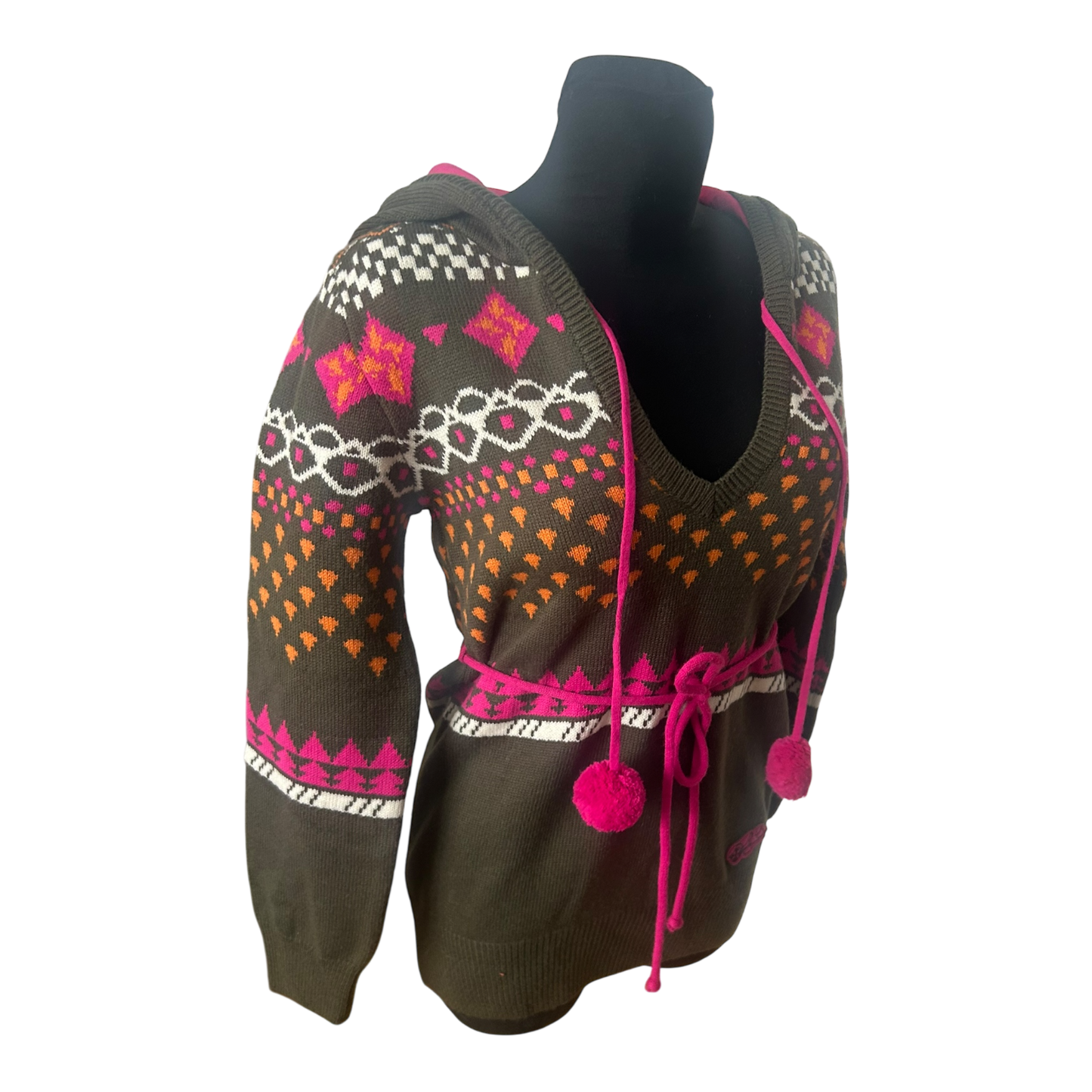 Damen Strickpullover Gr M Khaki Pink Muster Kapuze Bindegürtel Stretch