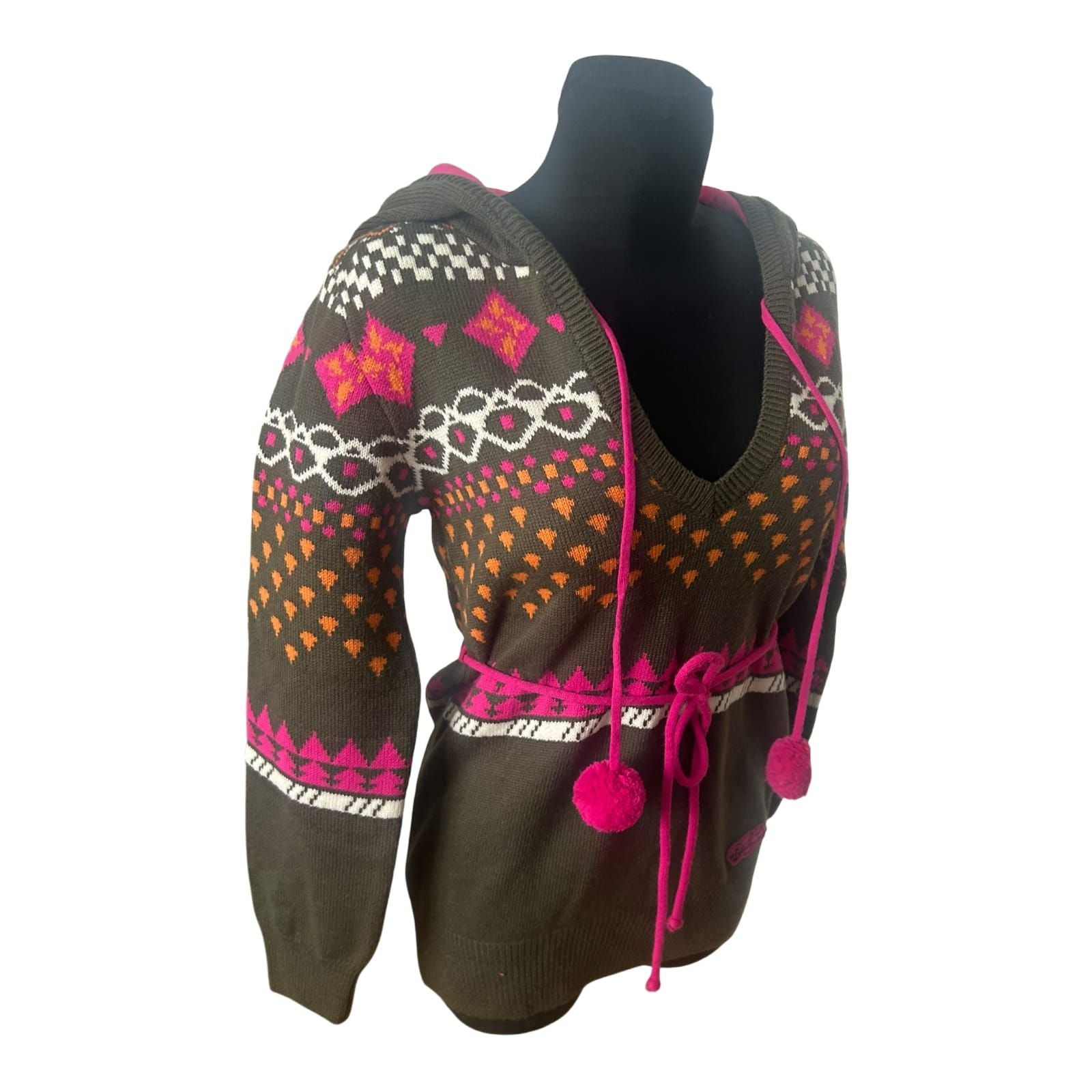 Damen Strickpullover Gr M Khaki Pink Muster Kapuze Bindegürtel Stretch