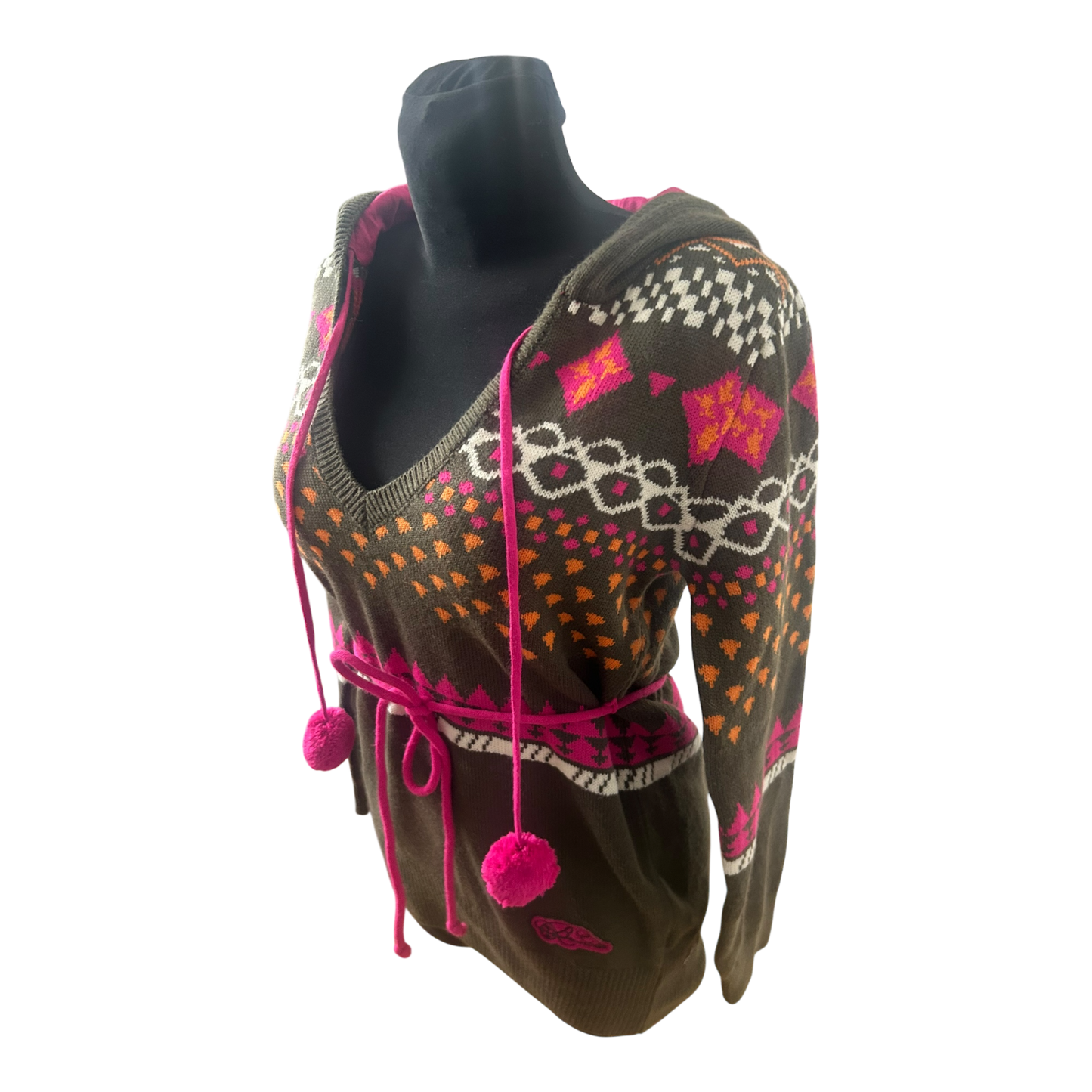 Damen Strickpullover Gr M Khaki Pink Muster Kapuze Bindegürtel Stretch