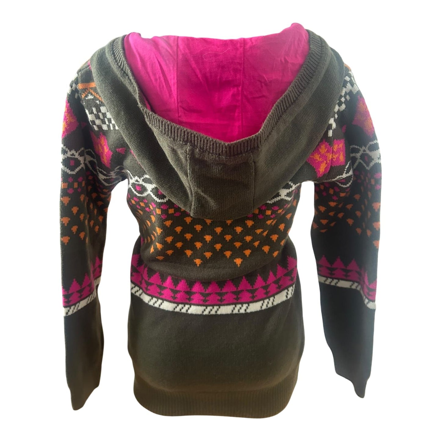 Damen Strickpullover Gr M Khaki Pink Muster Kapuze Bindegürtel Stretch