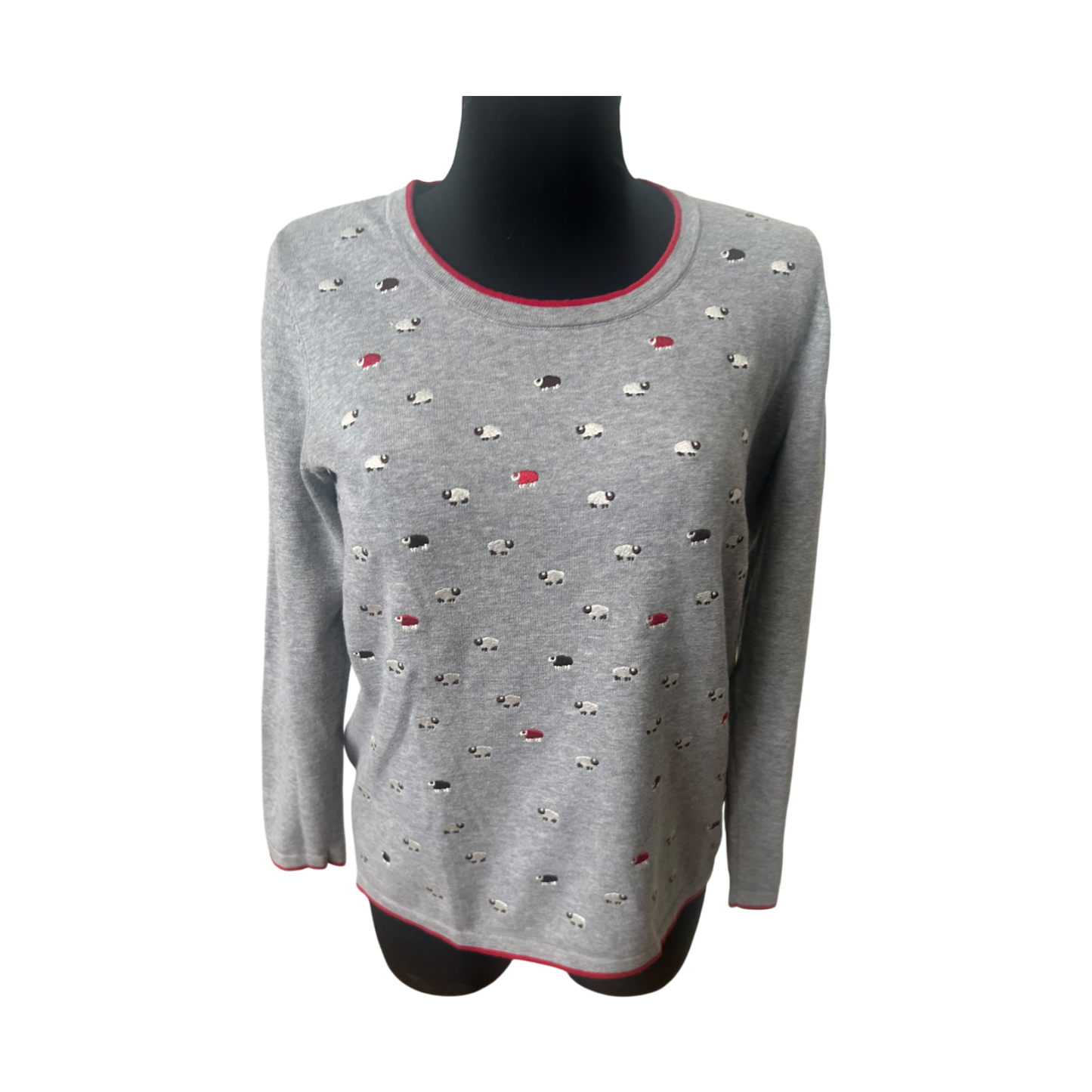 Mona Damen Pullover Gr 40 Grau Baumwolle Langarm Schafe Muster Freizeit