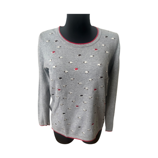 Mona Damen Pullover Gr 40 Grau Baumwolle Langarm Schafe Muster Freizeit