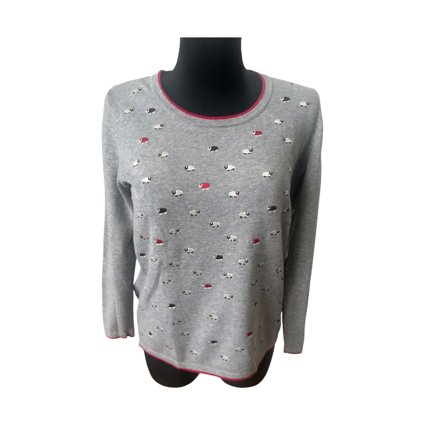 Mona Damen Pullover Gr 40 Grau Baumwolle Langarm Schafe Muster Freizeit