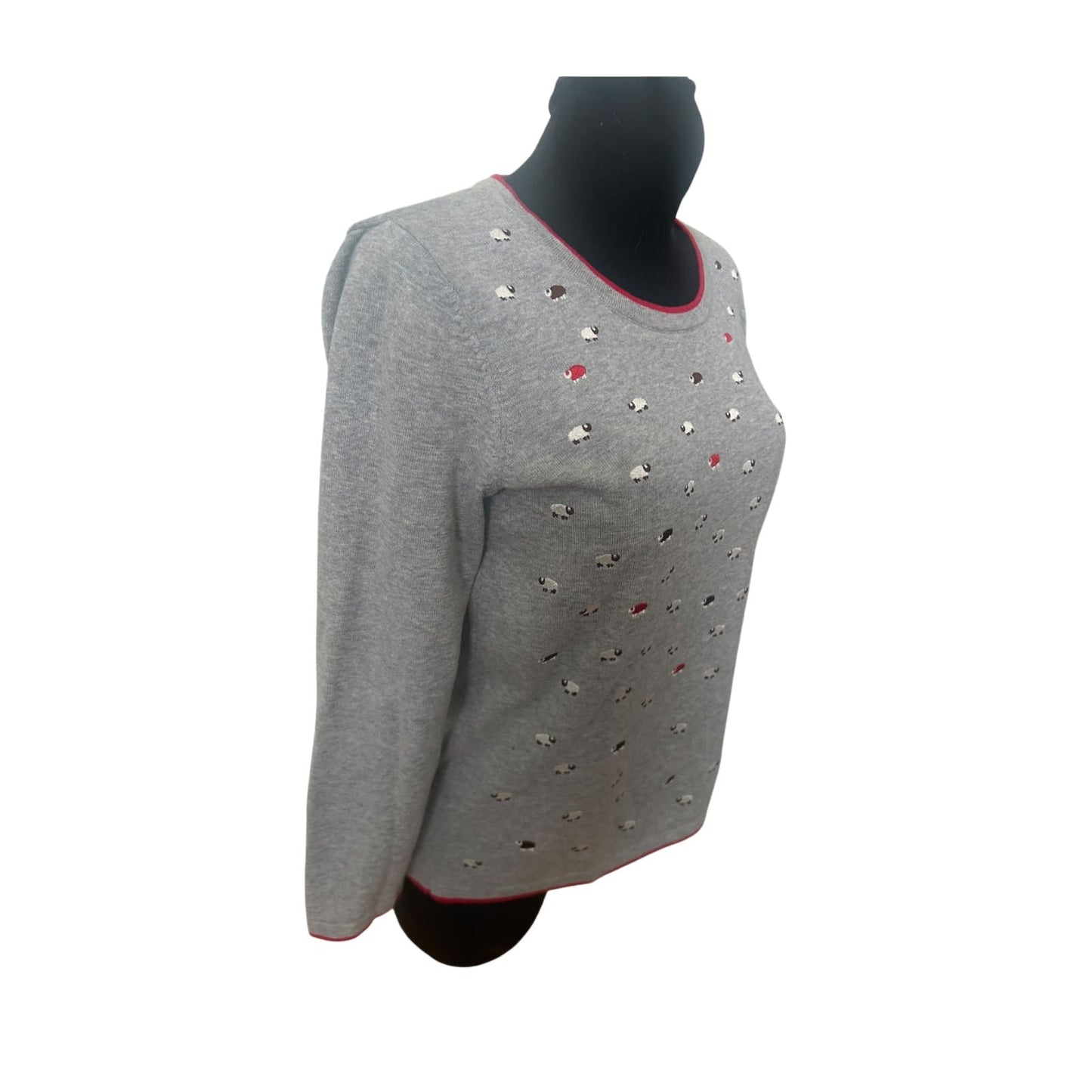 Mona Damen Pullover Gr 40 Grau Baumwolle Langarm Schafe Muster Freizeit