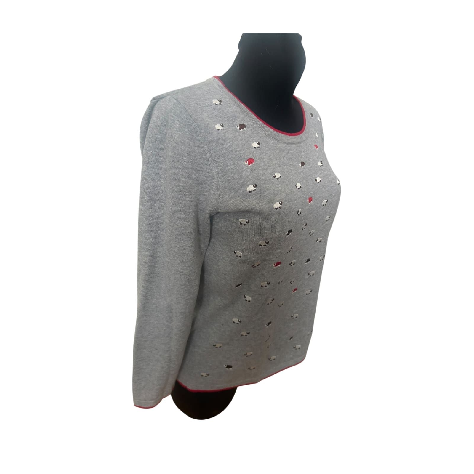 Mona Damen Pullover Gr 40 Grau Baumwolle Langarm Schafe Muster Freizeit