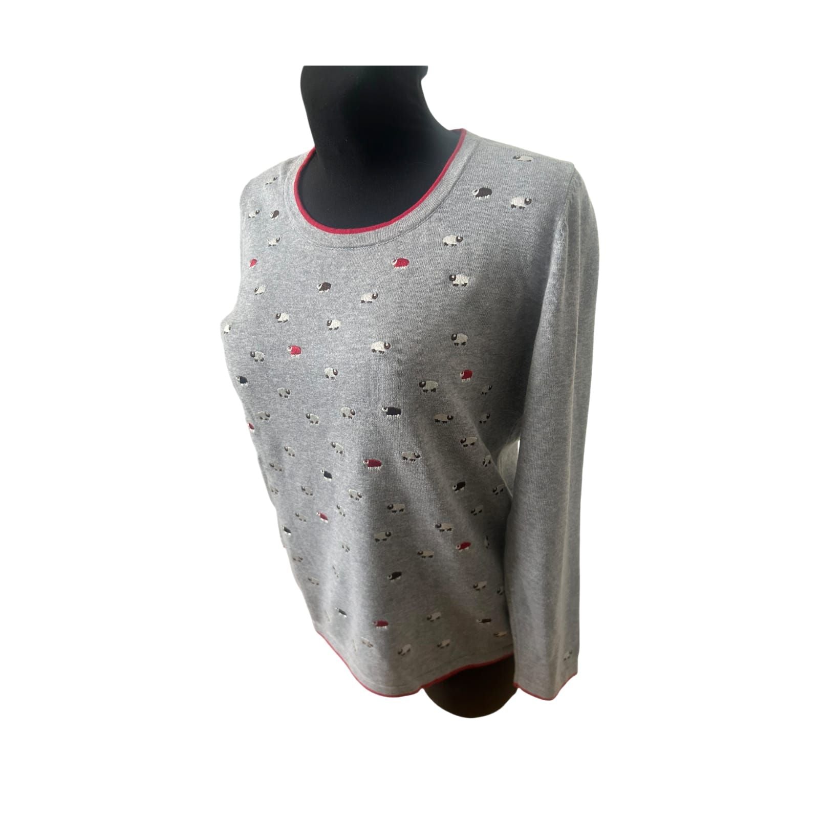 Mona Damen Pullover Gr 40 Grau Baumwolle Langarm Schafe Muster Freizeit