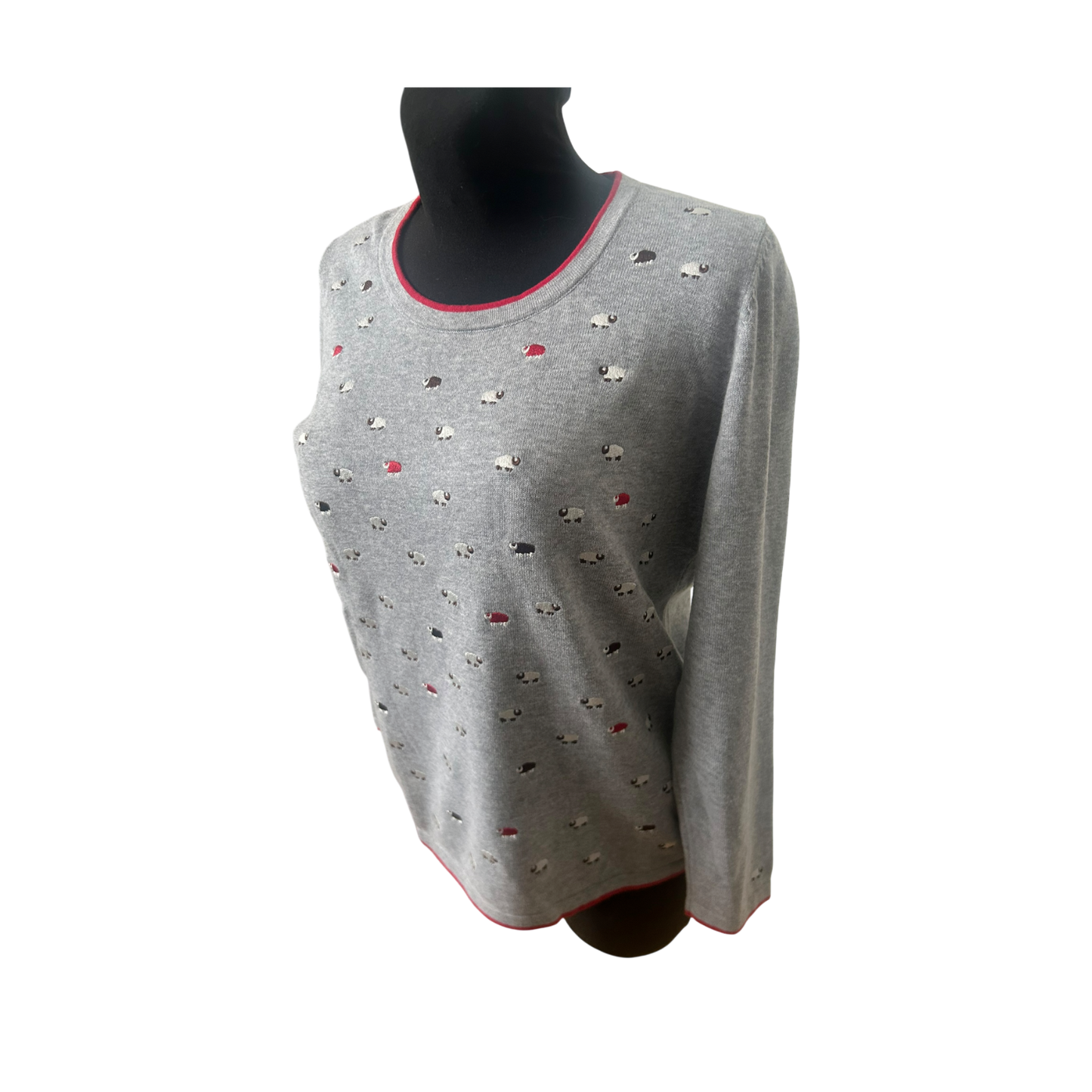 Mona Damen Pullover Gr 40 Grau Baumwolle Langarm Schafe Muster Freizeit