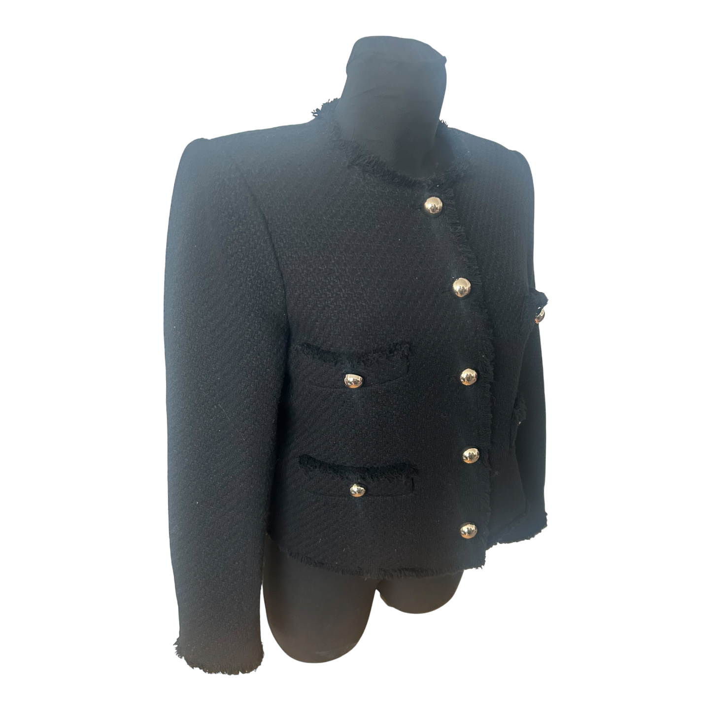 Mango Jacke Damen Gr L Schwarz Tweed Look Elegant Klassisch Goldknöpfe
