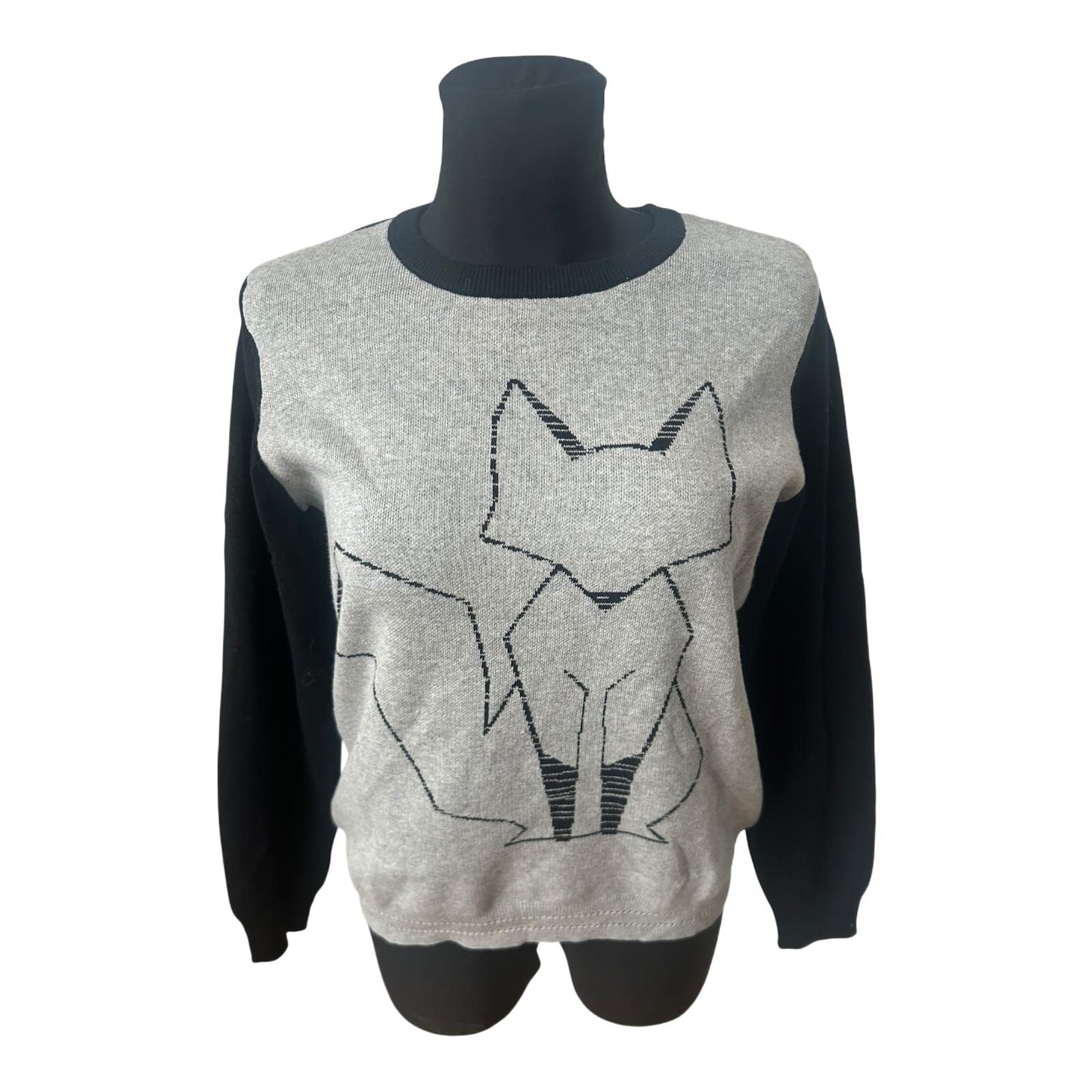 Pure Fashion Damen Pullover Gr 42 Grau Baumwolle Fuchs Motiv Langarm