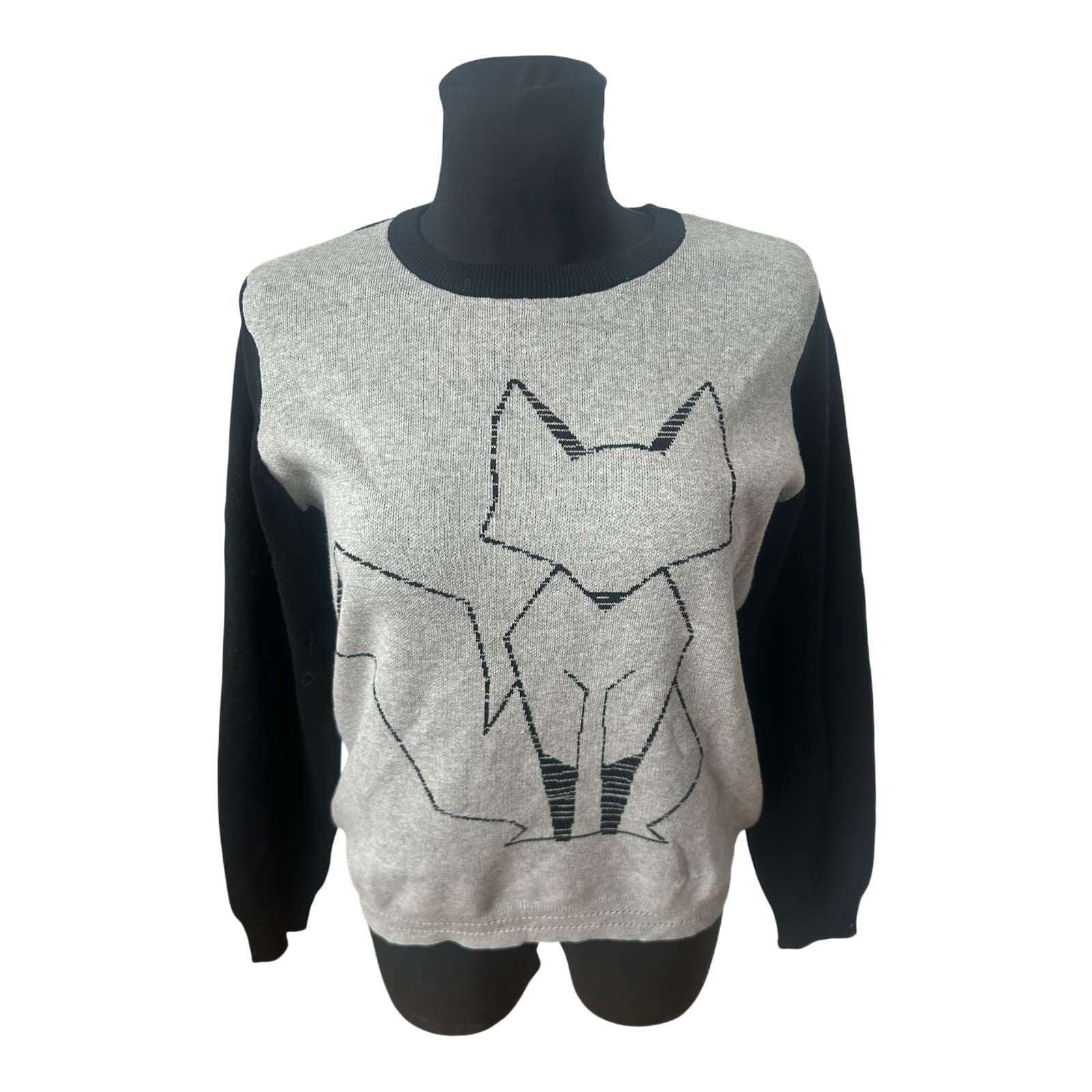 Pure Fashion Damen Pullover Gr 42 Grau Baumwolle Fuchs Motiv Langarm