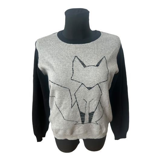 Pure Fashion Damen Pullover Gr 42 Grau Baumwolle Fuchs Motiv Langarm