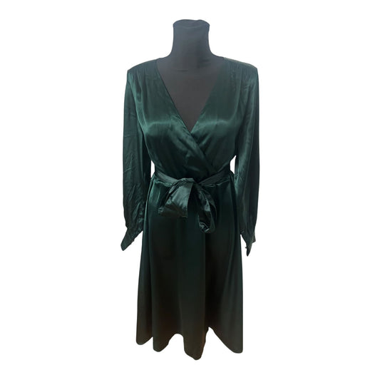 H&M Damenkleid Größe 40 Grün Wickelkleid Langarm Satin Look Elegant