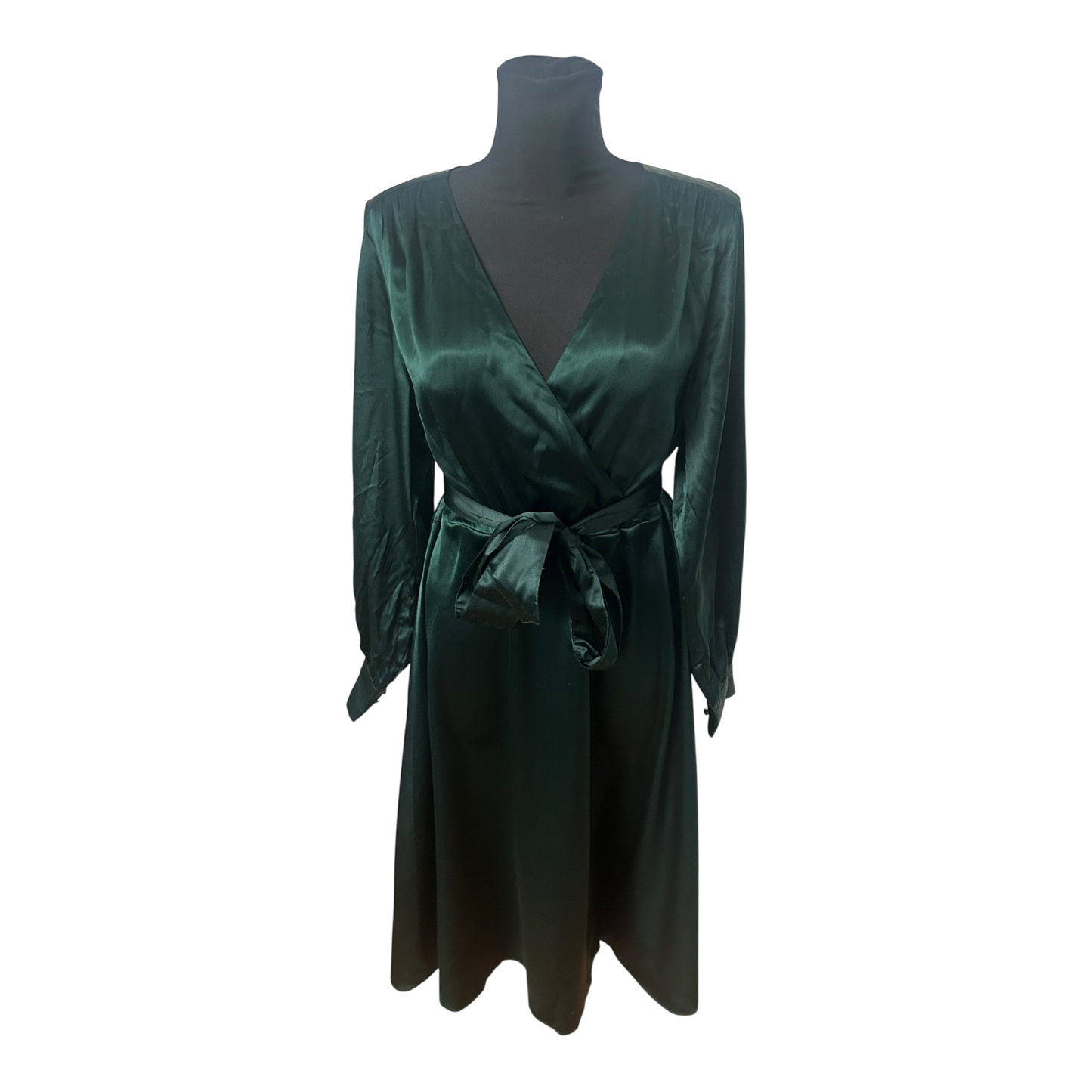 H&M Damenkleid Größe 40 Grün Wickelkleid Langarm Satin Look Elegant