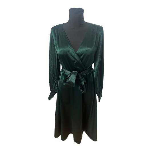 H&M Damenkleid Größe 40 Grün Wickelkleid Langarm Satin Look Elegant