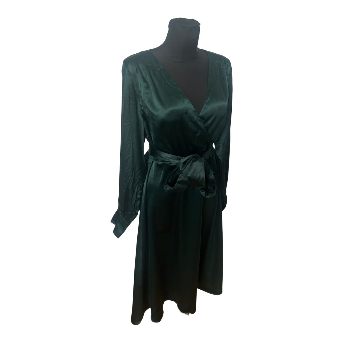 H&M Damenkleid Größe 40 Grün Wickelkleid Langarm Satin Look Elegant