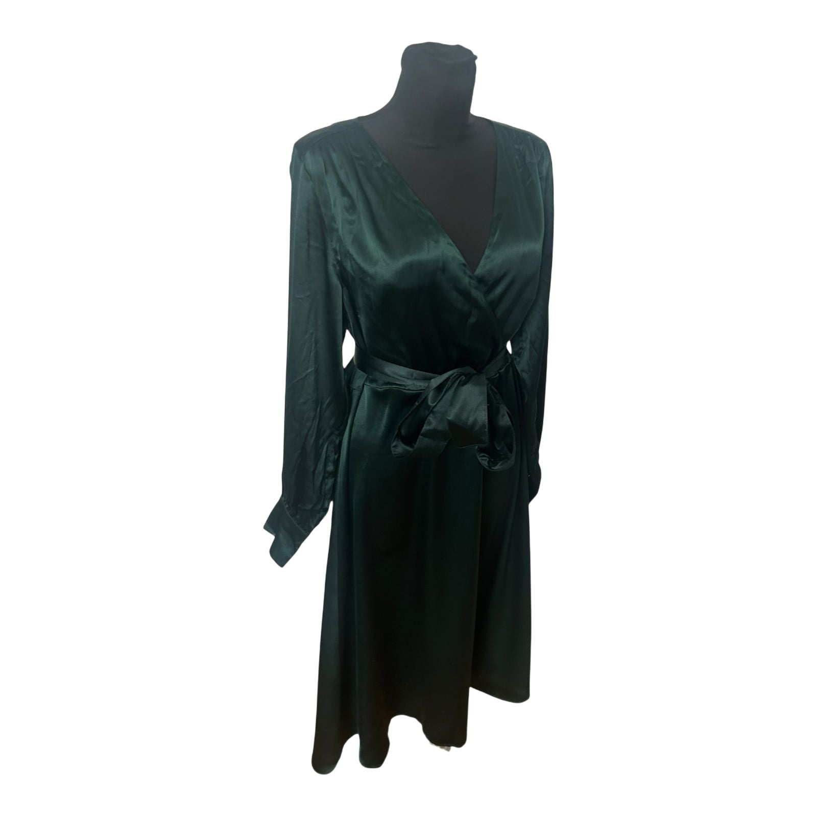 H&M Damenkleid Größe 40 Grün Wickelkleid Langarm Satin Look Elegant