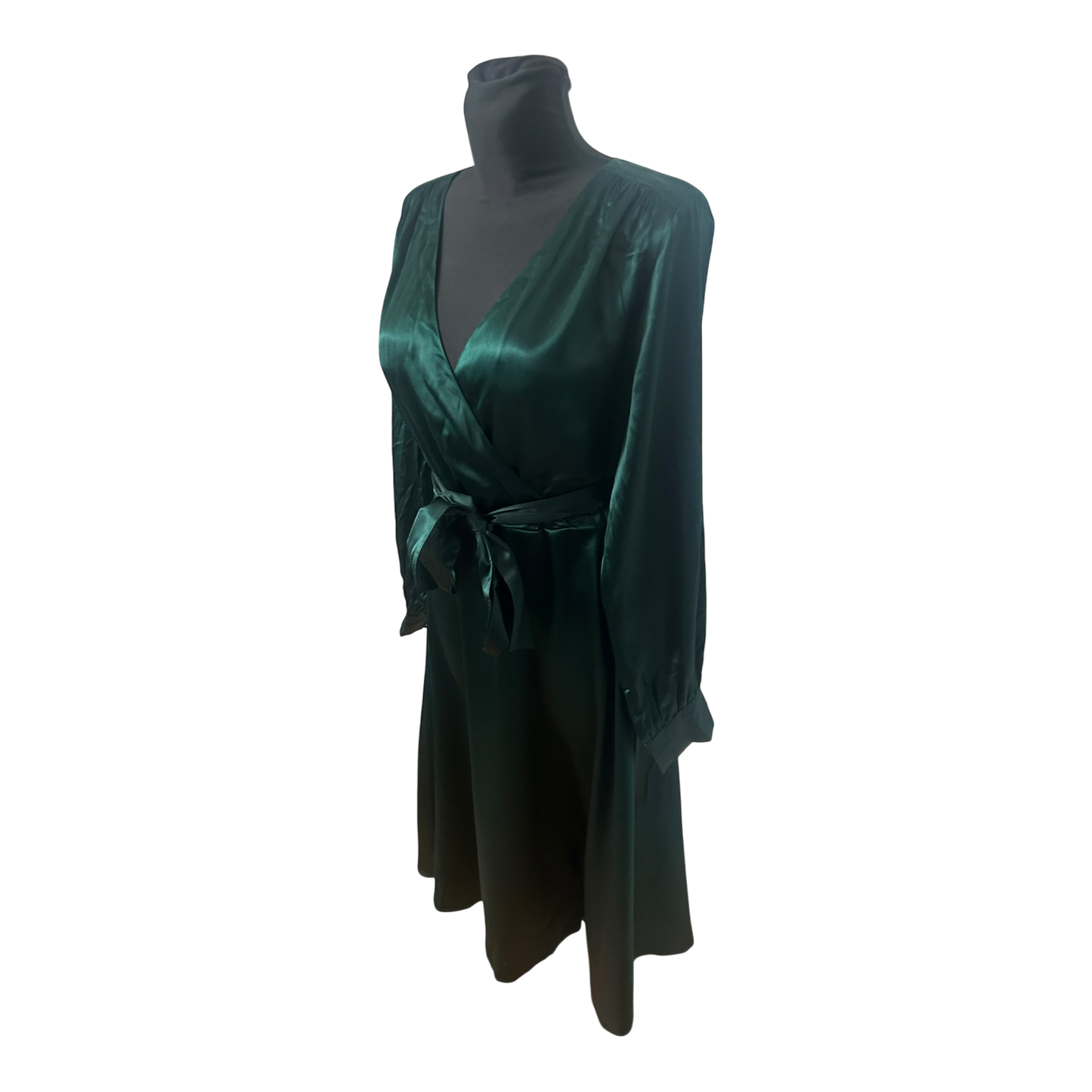 H&M Damenkleid Größe 40 Grün Wickelkleid Langarm Satin Look Elegant