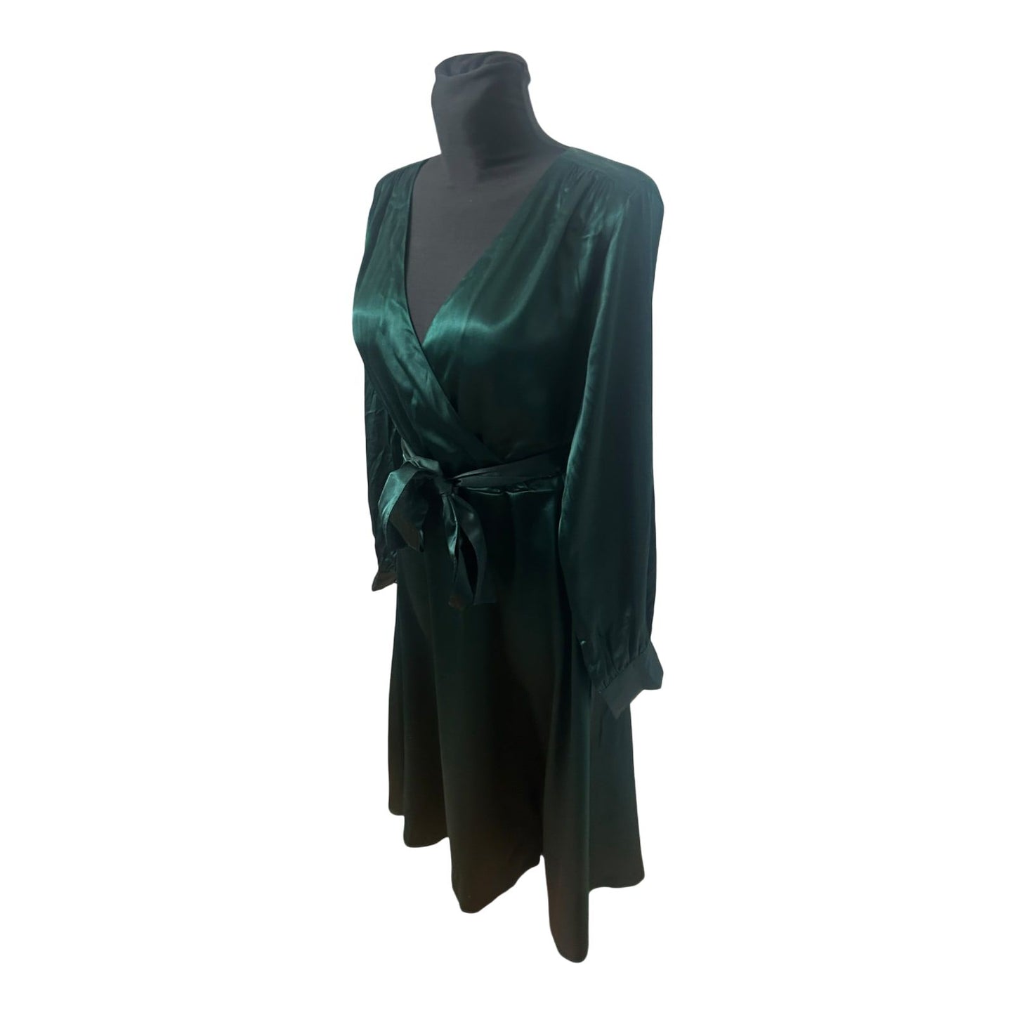 H&M Damenkleid Größe 40 Grün Wickelkleid Langarm Satin Look Elegant