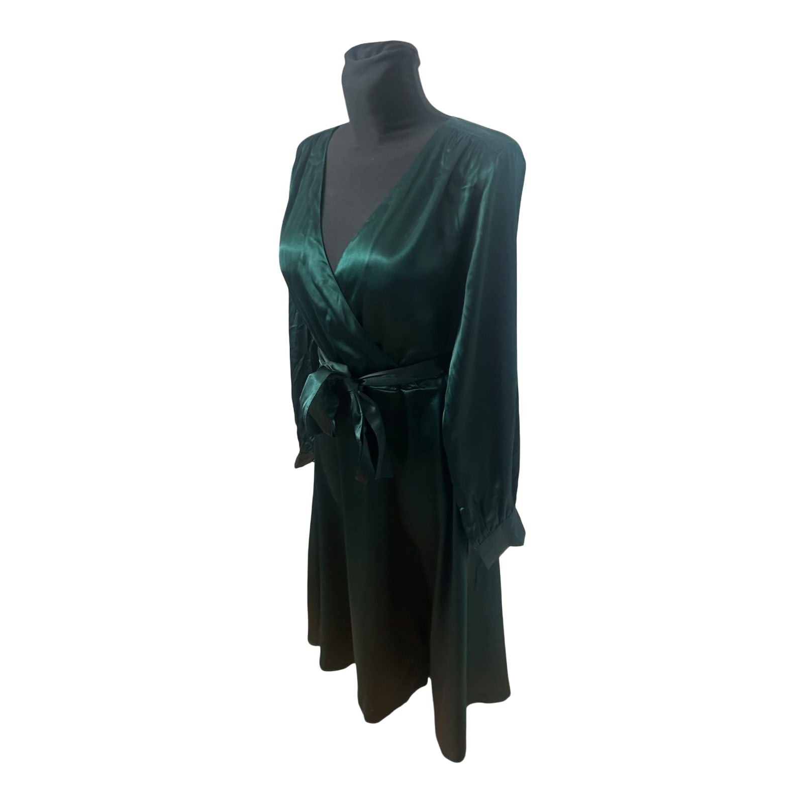 H&M Damenkleid Größe 40 Grün Wickelkleid Langarm Satin Look Elegant