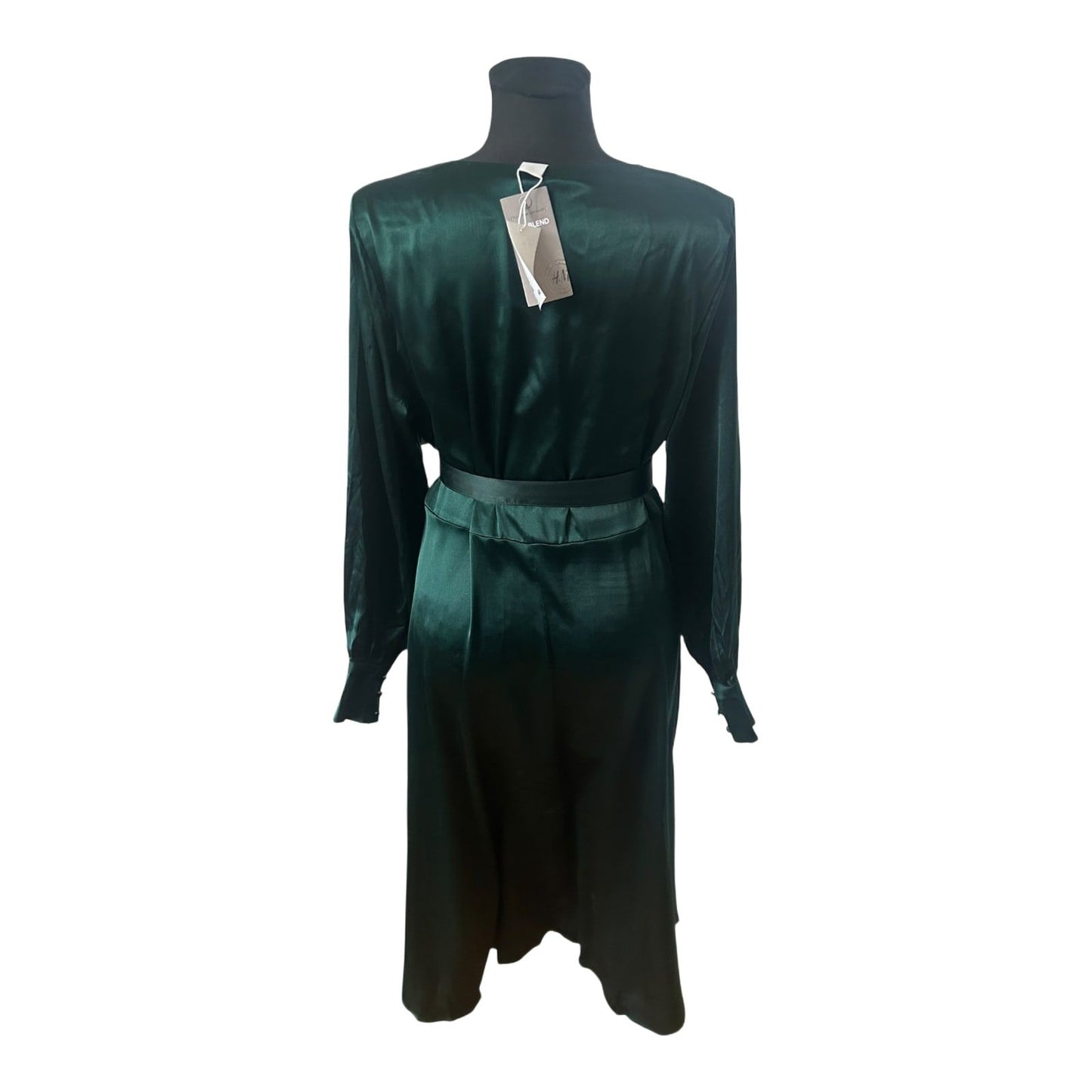 H&M Damenkleid Größe 40 Grün Wickelkleid Langarm Satin Look Elegant