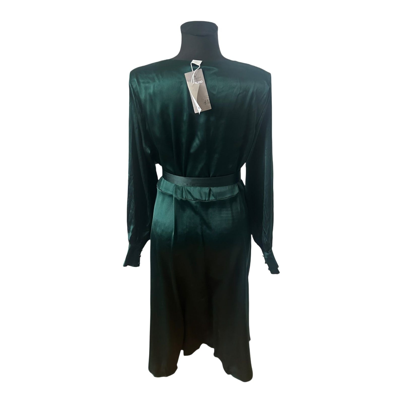 H&M Damenkleid Größe 40 Grün Wickelkleid Langarm Satin Look Elegant