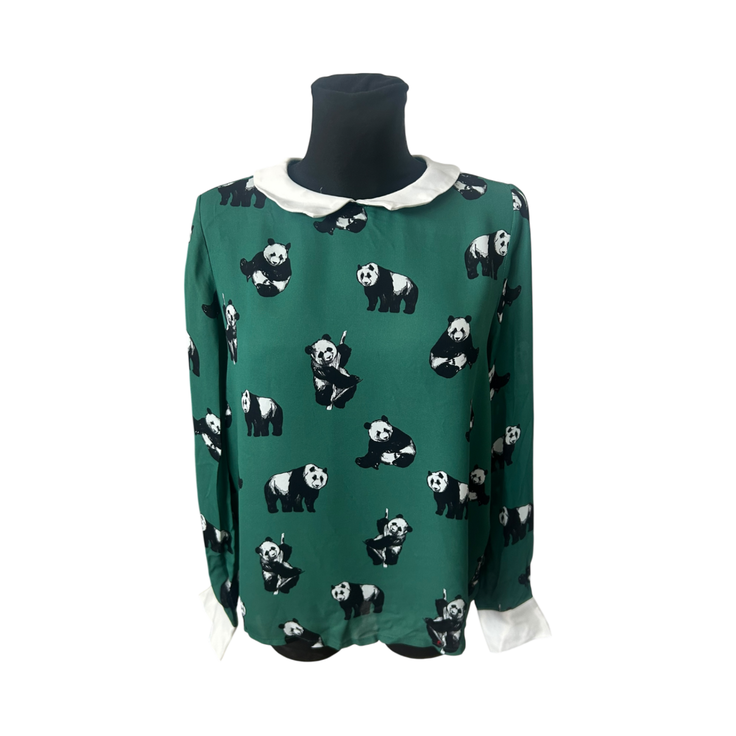 Studio Italy Damen Bluse Grün Panda Muster Langarm Viskose Neu