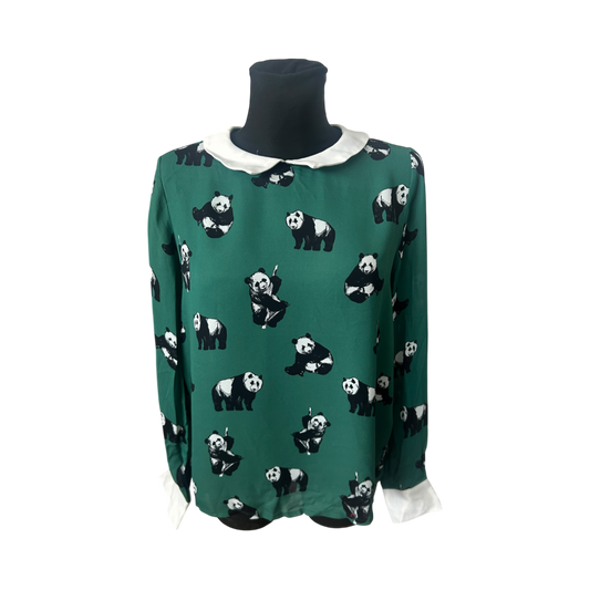 Studio Italy Damen Bluse Grün Panda Muster Langarm Viskose Neu