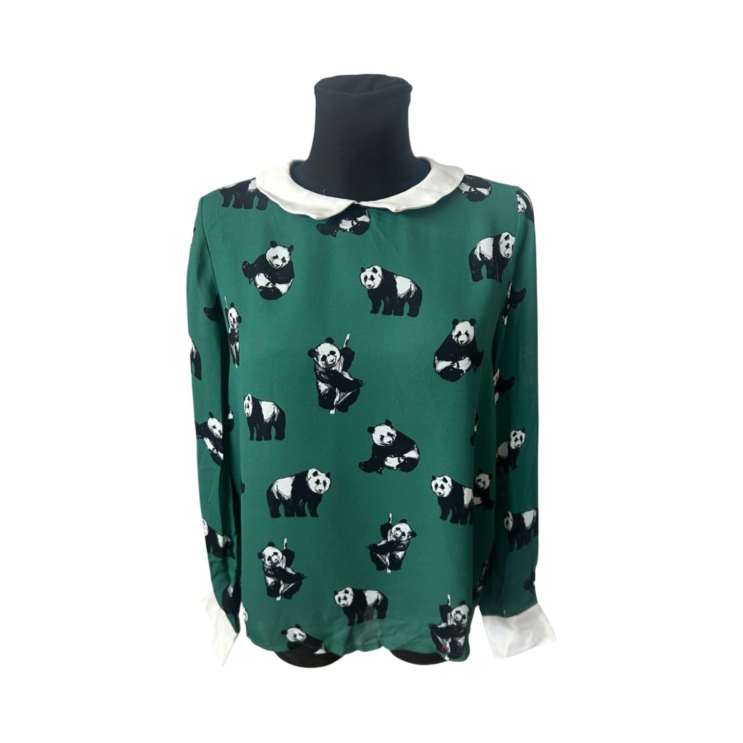 Studio Italy Damen Bluse Grün Panda Muster Langarm Viskose Neu
