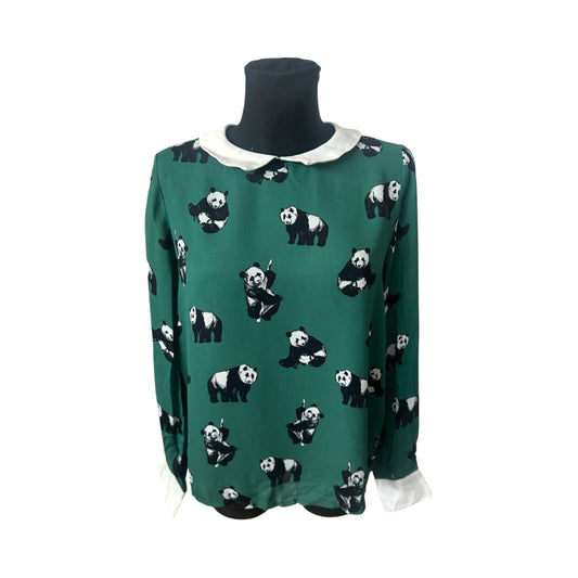 Studio Italy Damen Bluse Grün Panda Muster Langarm Viskose Neu