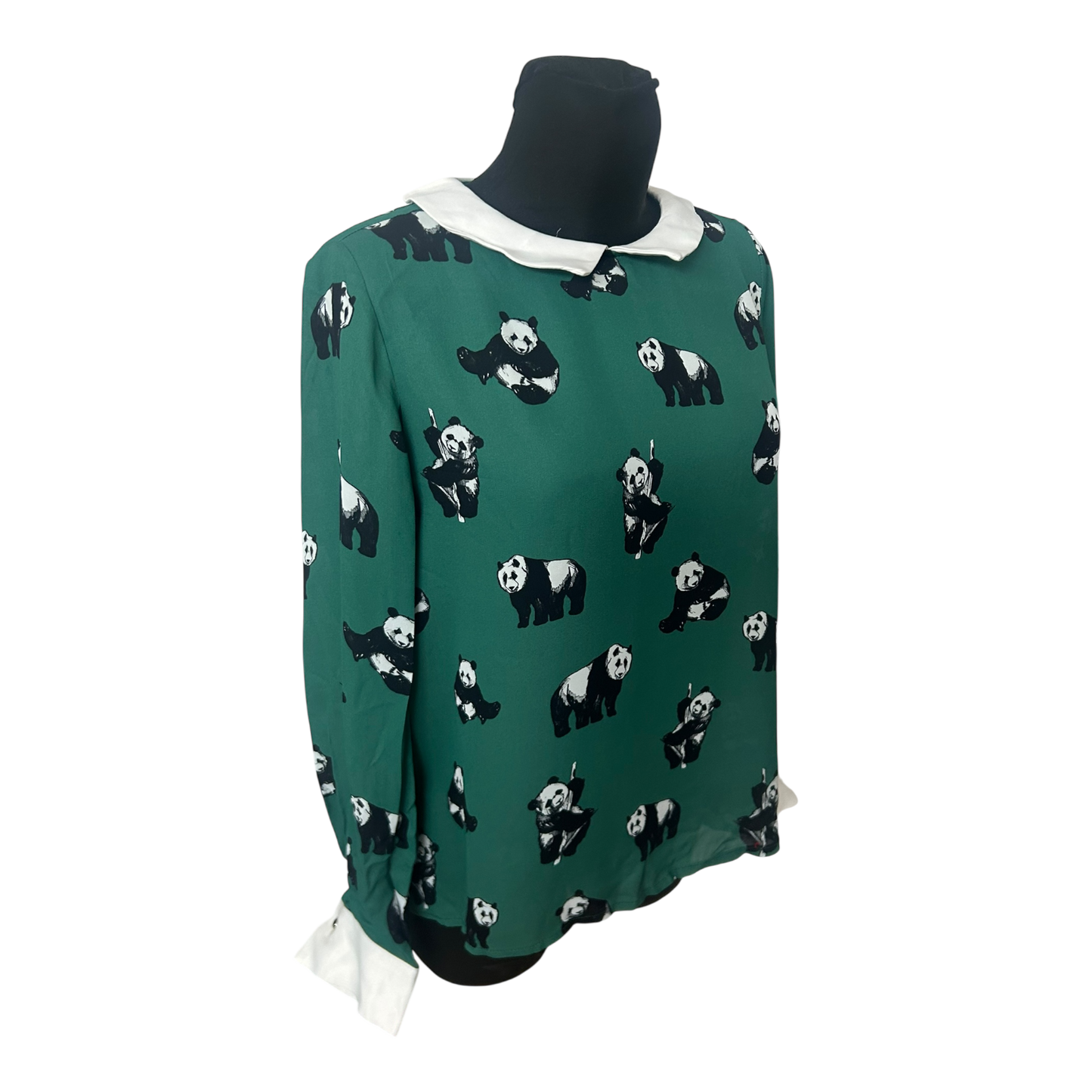 Studio Italy Damen Bluse Grün Panda Muster Langarm Viskose Neu