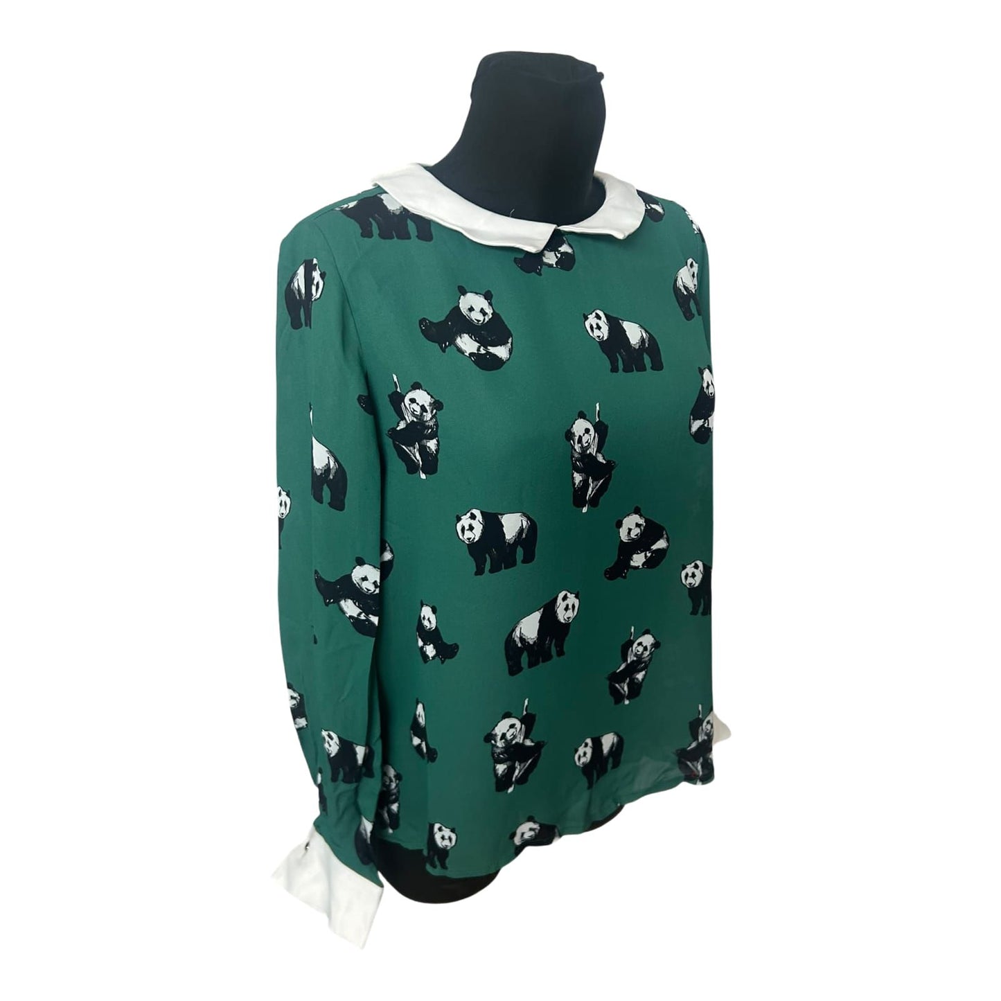 Studio Italy Damen Bluse Grün Panda Muster Langarm Viskose Neu