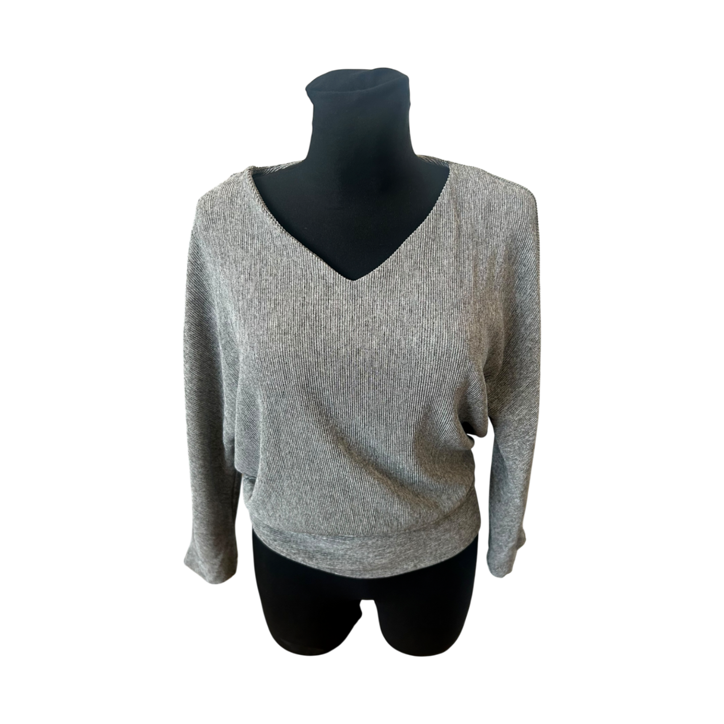 Opus Damen Shirt Grau Fledermaus 3/4 Arm V-Ausschnitt Stretch