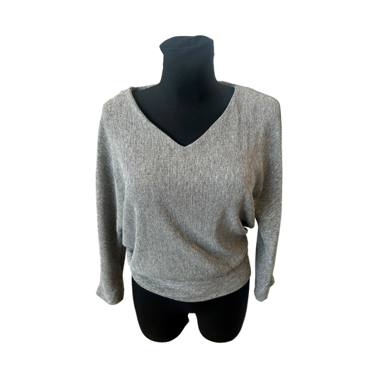 Opus Damen Shirt Grau Fledermaus 3/4 Arm V-Ausschnitt Stretch