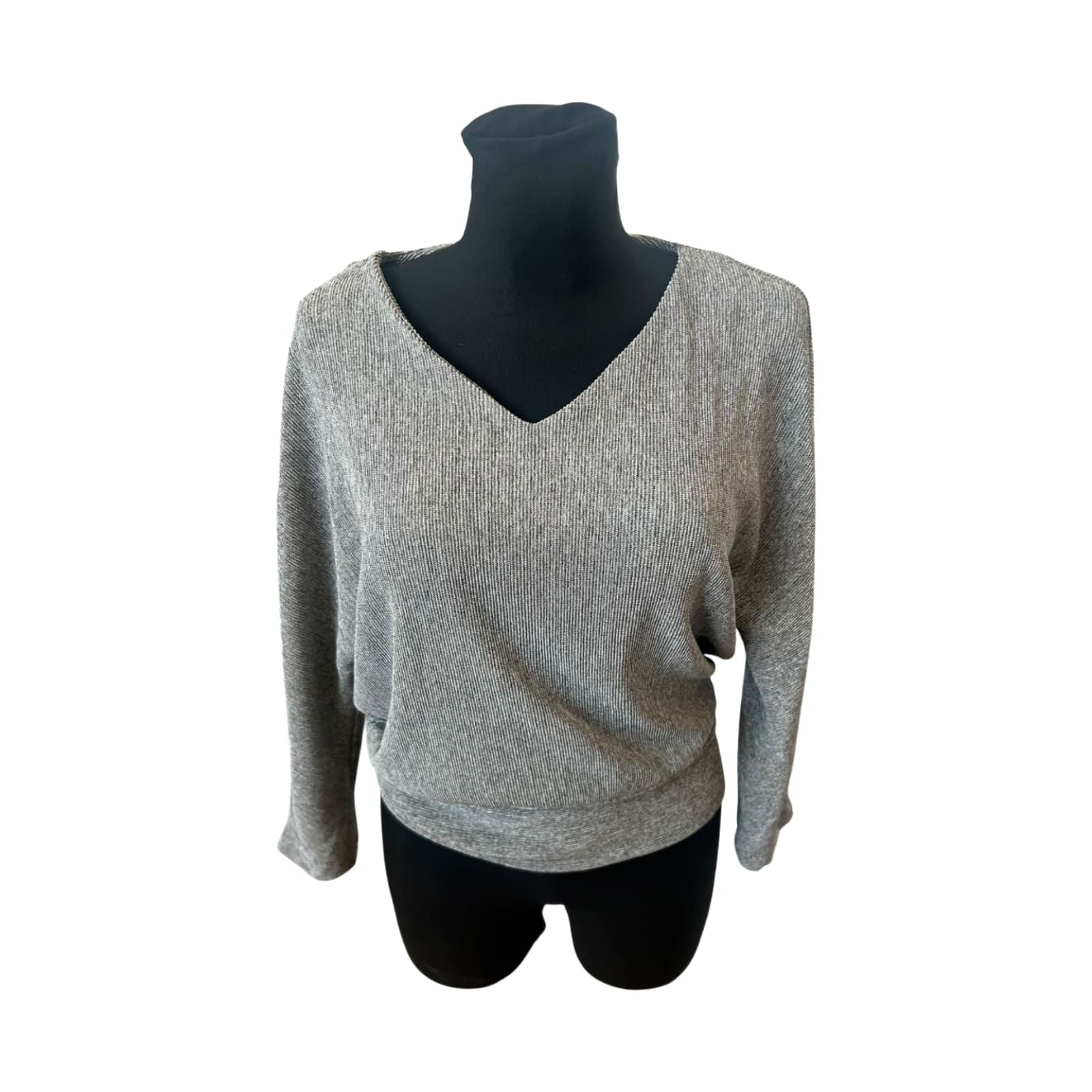 Opus Damen Shirt Grau Fledermaus 3/4 Arm V-Ausschnitt Stretch
