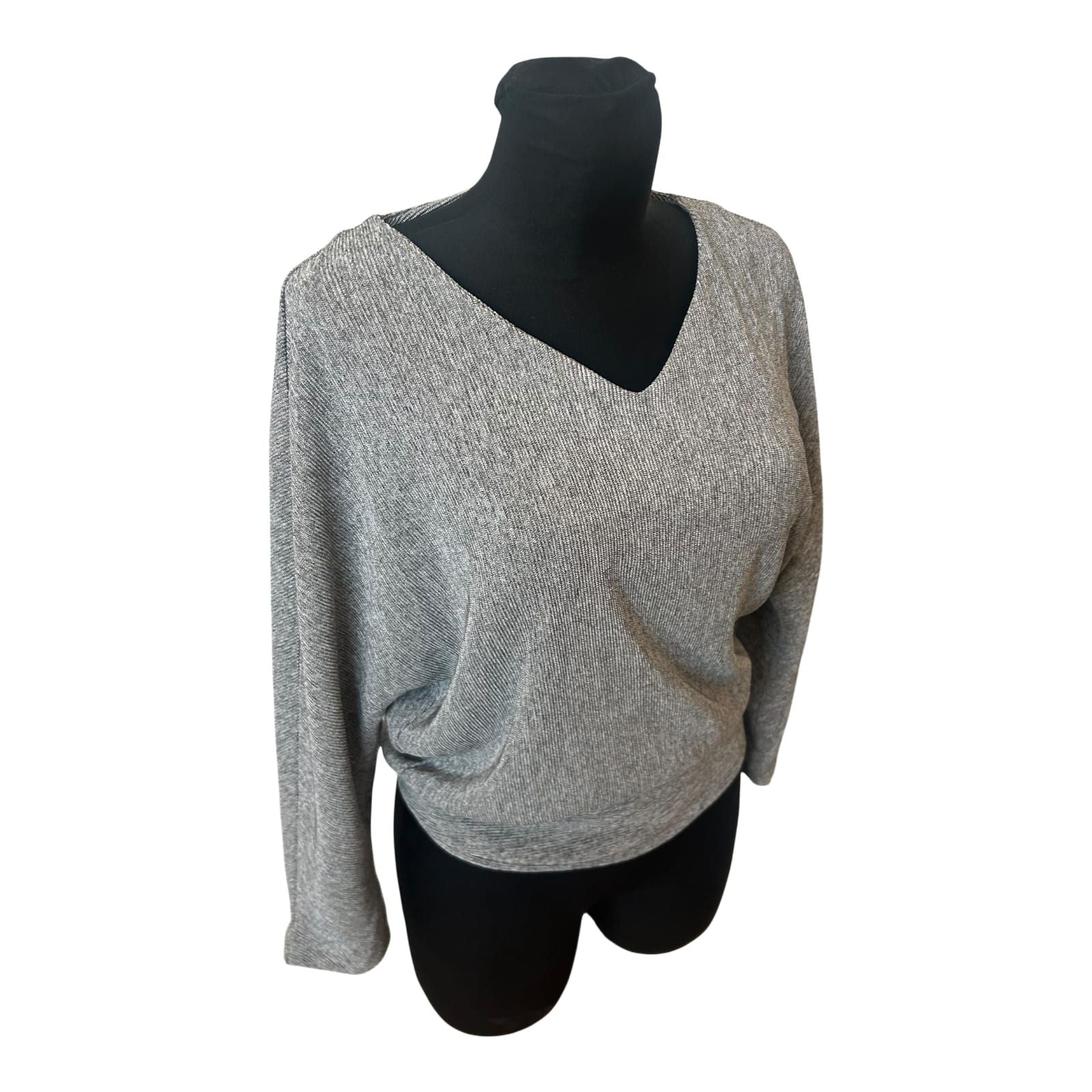 Opus Damen Shirt Grau Fledermaus 3/4 Arm V-Ausschnitt Stretch