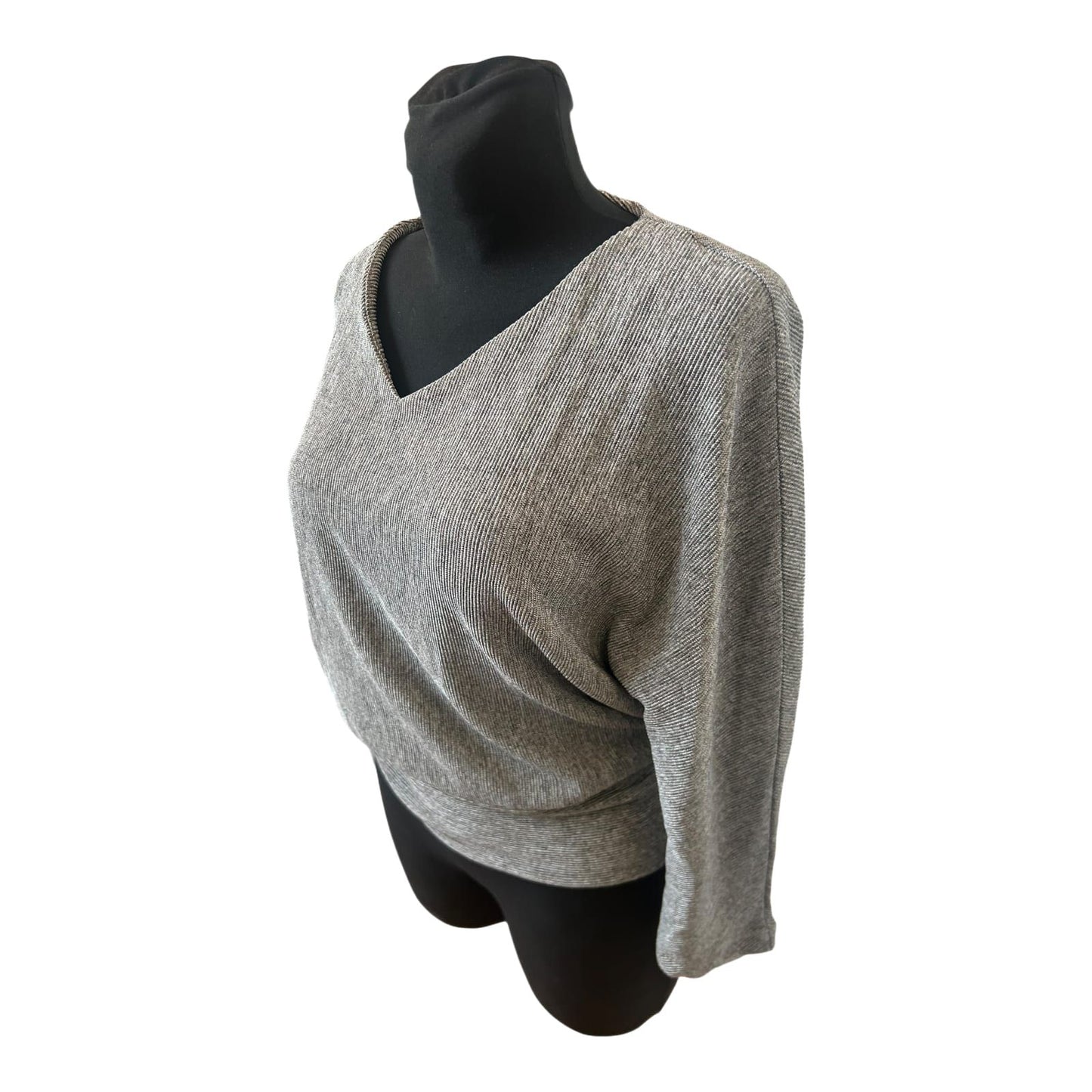 Opus Damen Shirt Grau Fledermaus 3/4 Arm V-Ausschnitt Stretch
