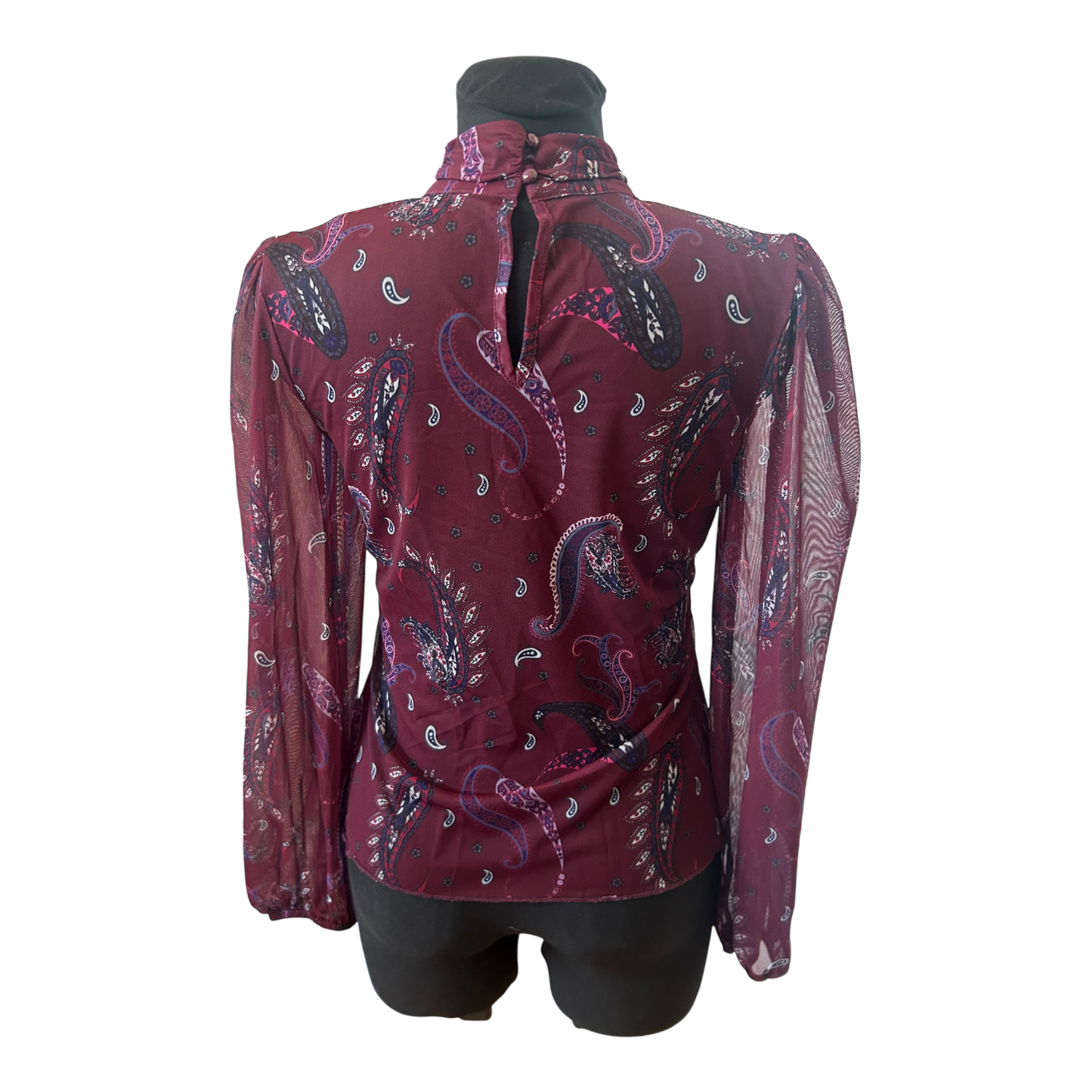 Transparente Damen Bluse Paisley Muster Bordeaux Langarm Größe S Elegant