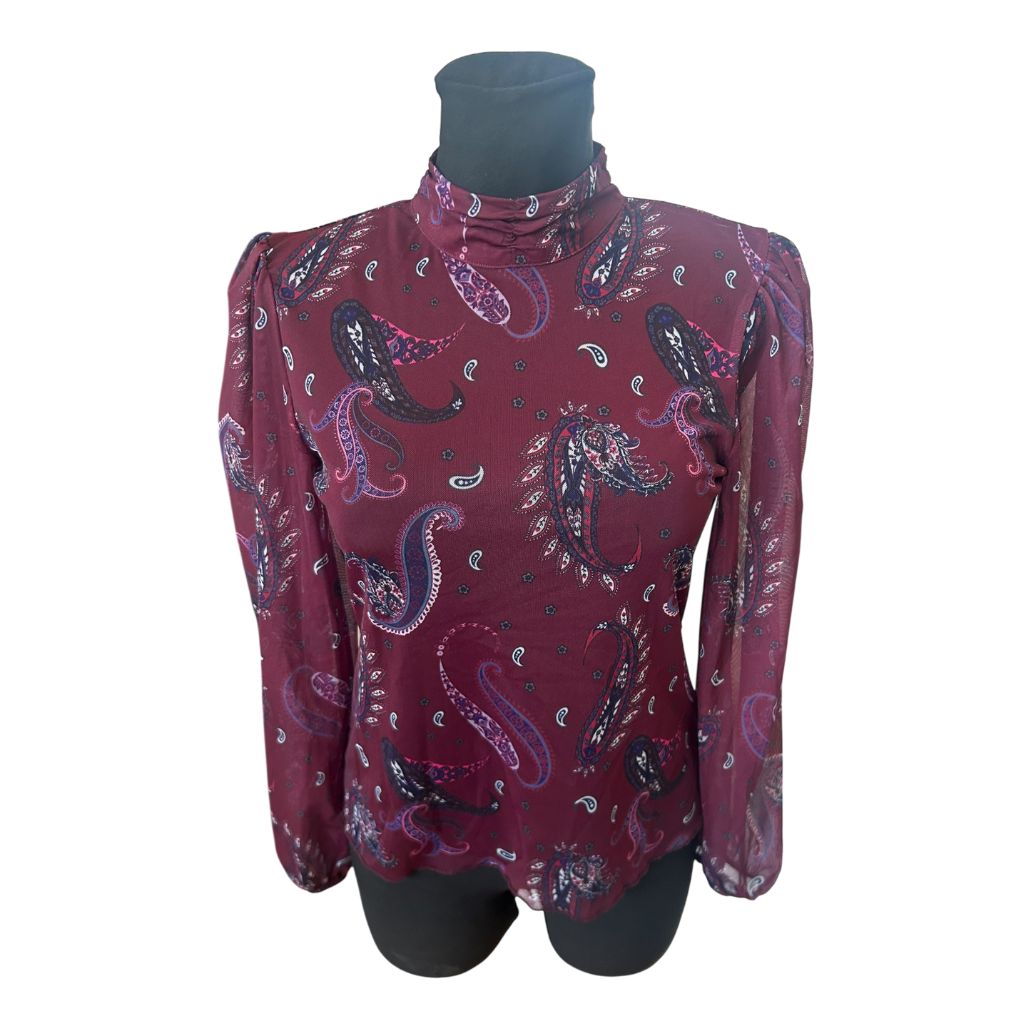 Transparente Damen Bluse Paisley Muster Bordeaux Langarm Größe S Elegant