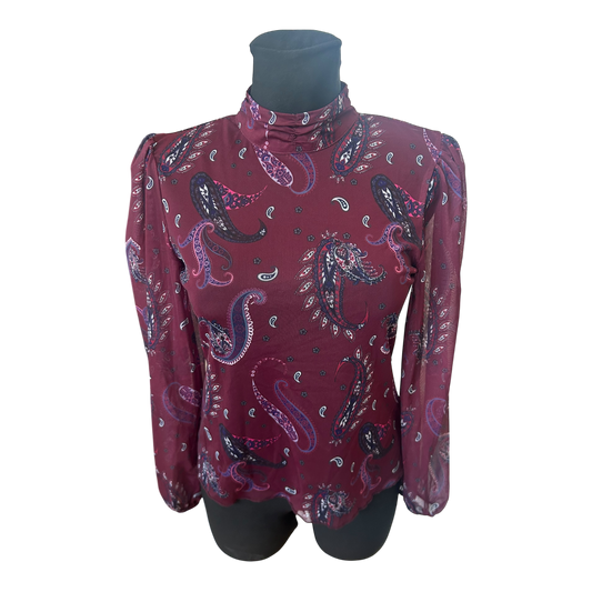 Transparente Damen Bluse Paisley Muster Bordeaux Langarm Größe S Elegant