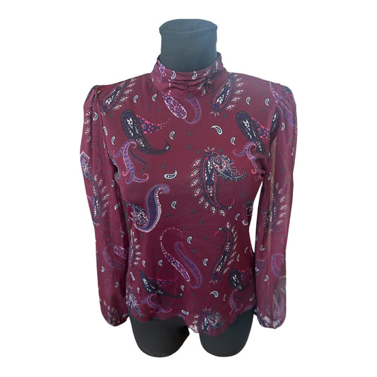 Transparente Damen Bluse Paisley Muster Bordeaux Langarm Größe S Elegant
