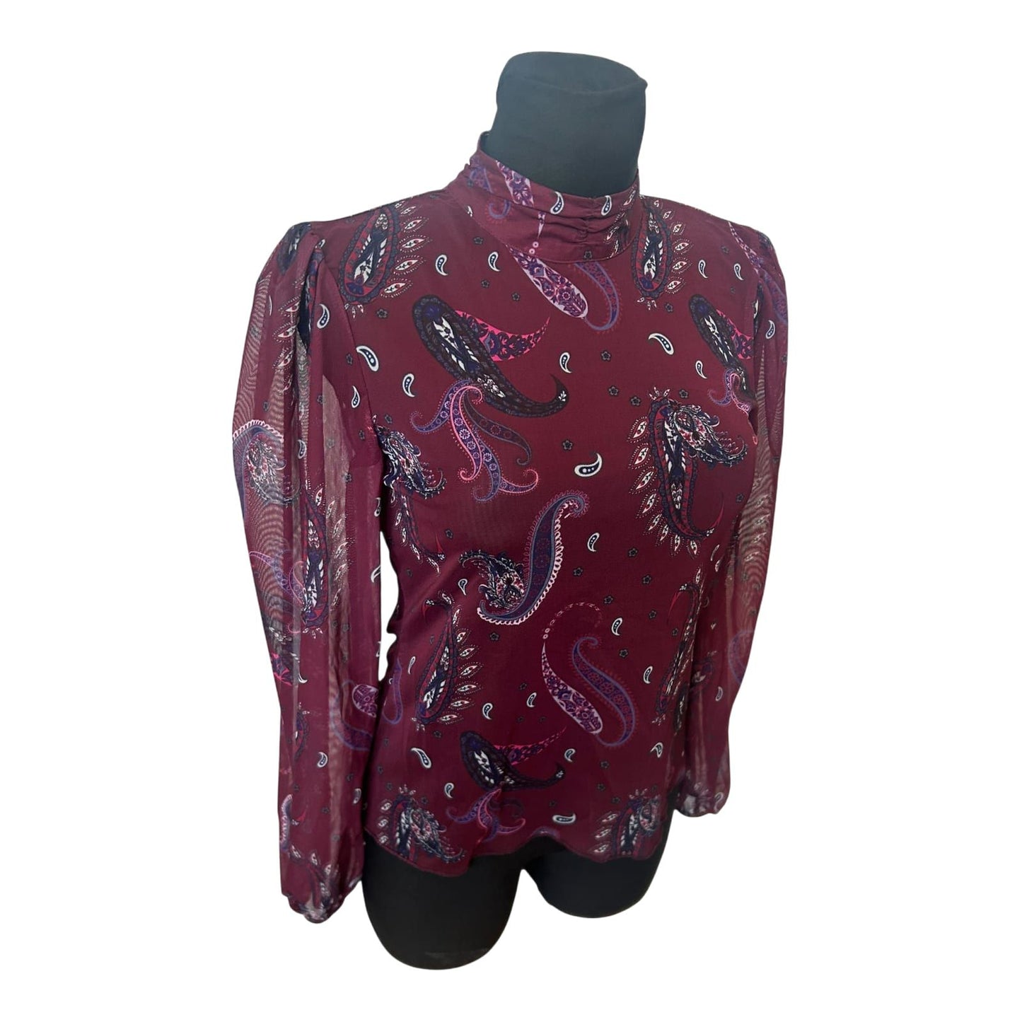 Transparente Damen Bluse Paisley Muster Bordeaux Langarm Größe S Elegant