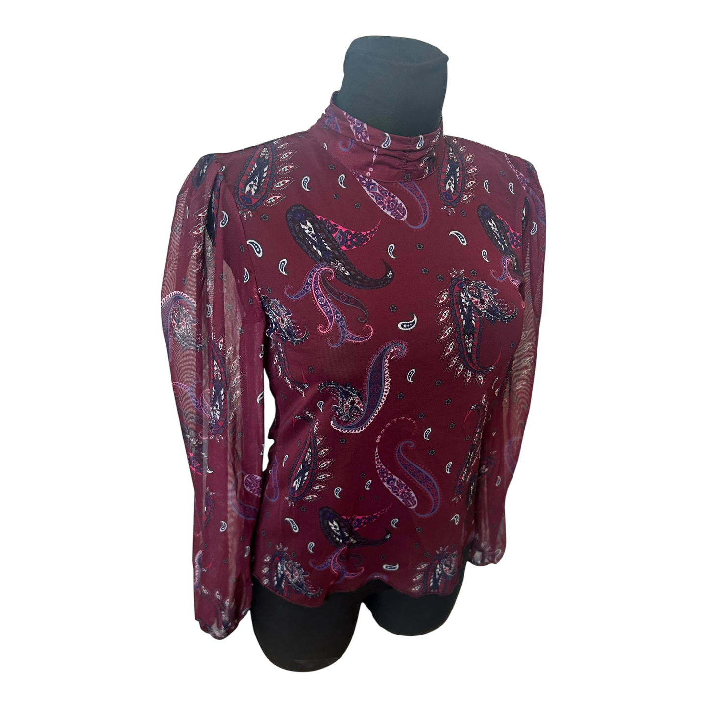 Transparente Damen Bluse Paisley Muster Bordeaux Langarm Größe S Elegant