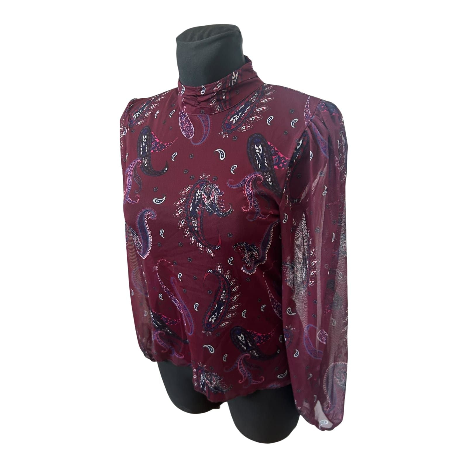 Transparente Damen Bluse Paisley Muster Bordeaux Langarm Größe S Elegant