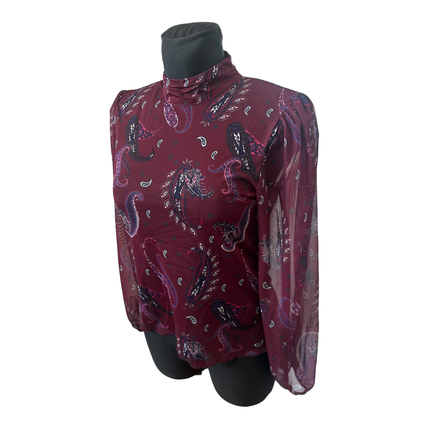 Transparente Damen Bluse Paisley Muster Bordeaux Langarm Größe S Elegant