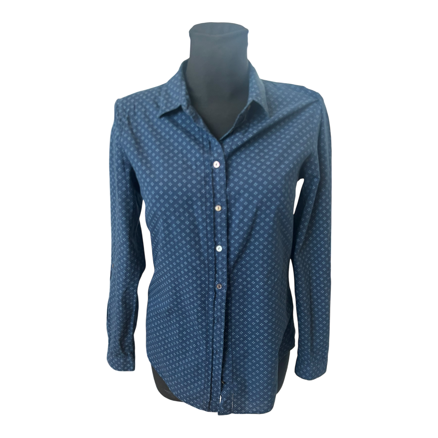 Esprit Damen Bluse Langarm Krempelärmel Gr 36 Blau Gemustert Frühling Sommer